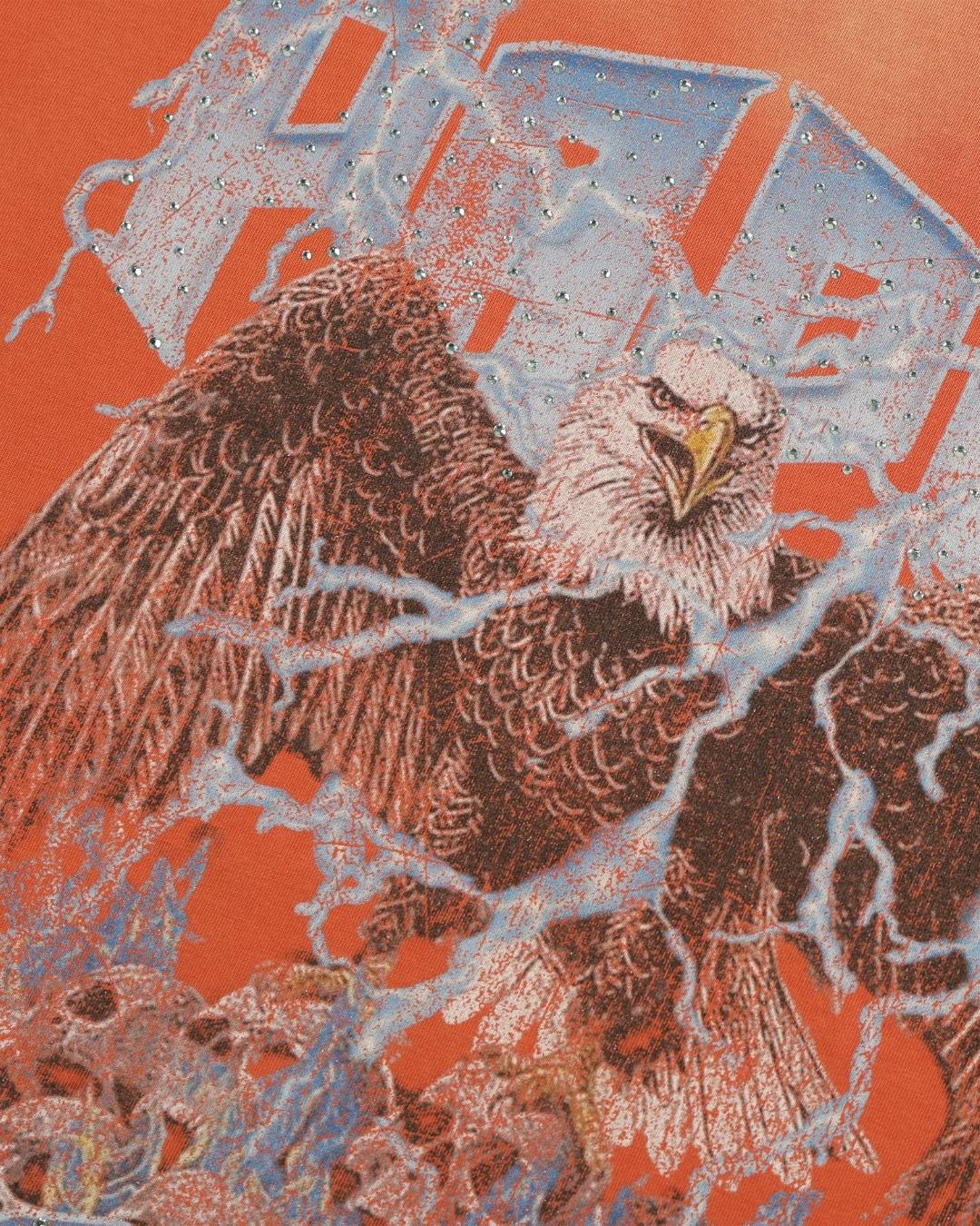 A close-up of a graphic print featuring a bald eagle with outstretched wings, rendered in brown and white tones, overlaid with jagged light blue lightning-like shapes on a vivid orange-red background.