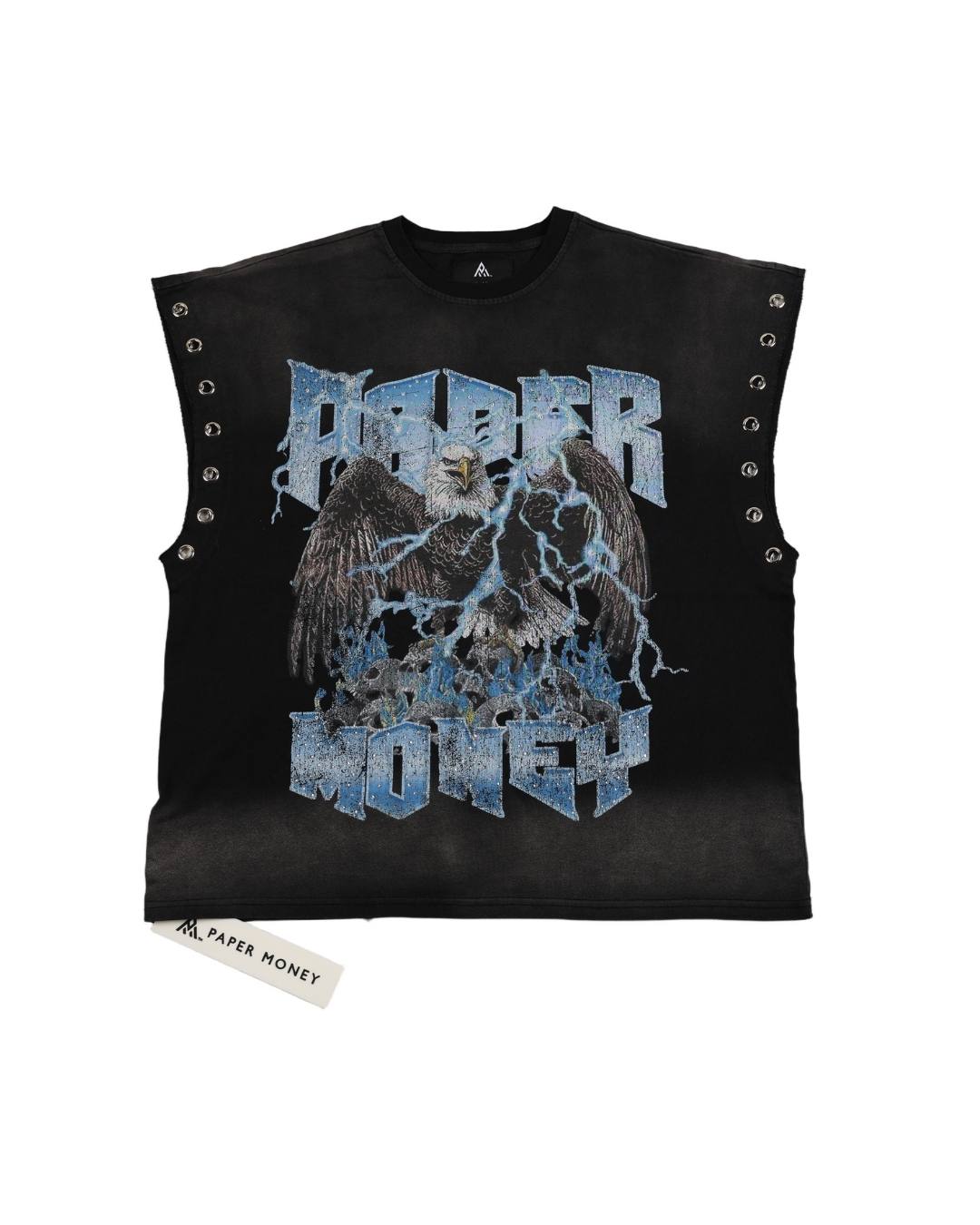 A black sleeveless t-shirt with metal grommets on the sides, featuring a large graphic of an eagle and lightning bolts with the text 'ABNER MONEY' in a distressed blue font. A small paper tag reading 'ABNER MONEY' is attached near the bottom.