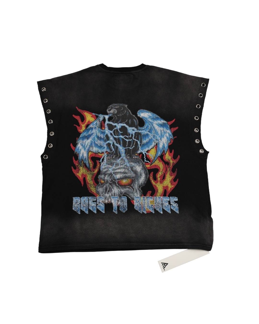 A black sleeveless vest with metal grommets on the sides, featuring a large graphic print of a skull, eagle, and lightning with the text 'RACE TO VICTORY' on the front.