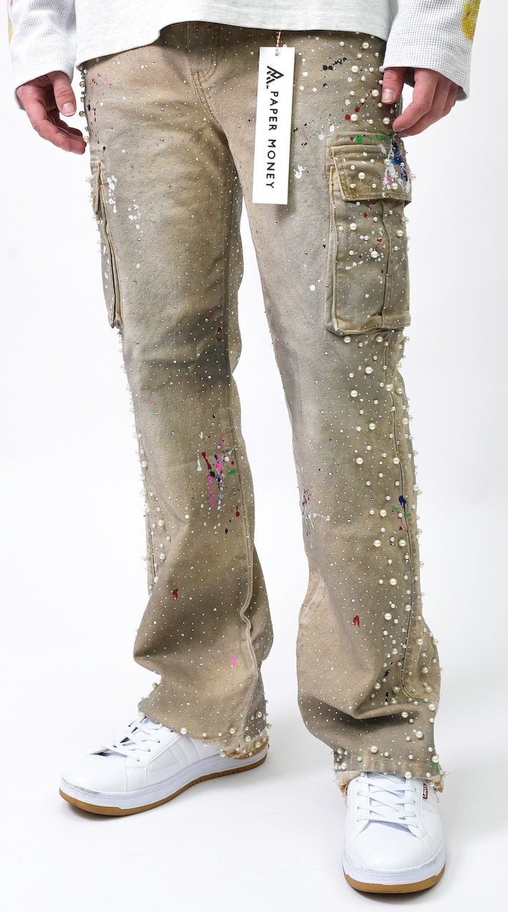Pearl Crystal Cargos Loose fit - Tan-1