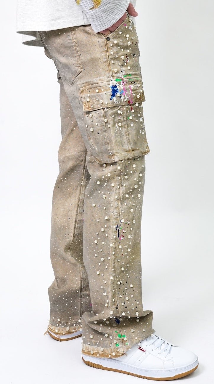Pearl Crystal Cargos Loose fit - Tan-2