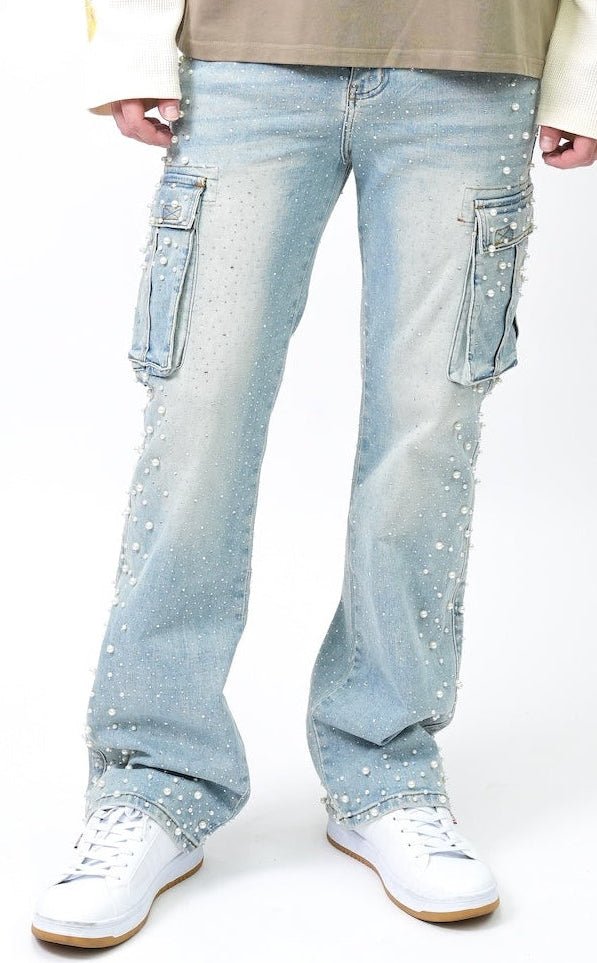 Pearl Crystal Cargos Loose fit - Blue-1