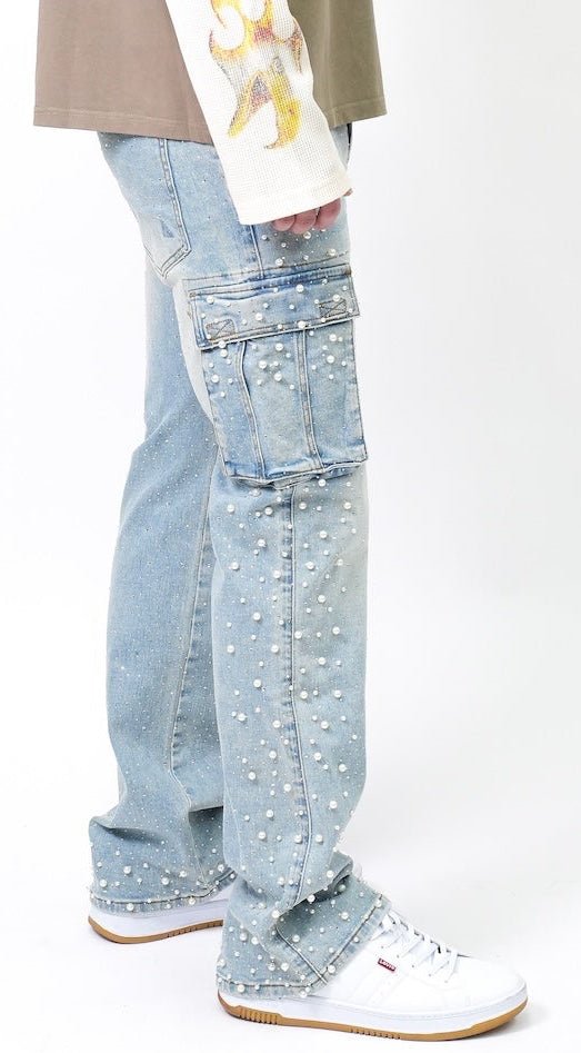 Pearl Crystal Cargos Loose fit - Blue-2