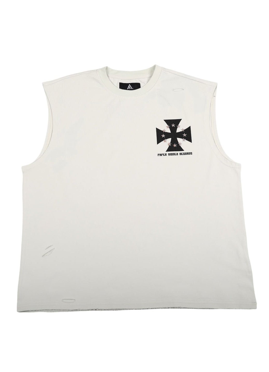White sleeveless shirt with black graphic on a white background