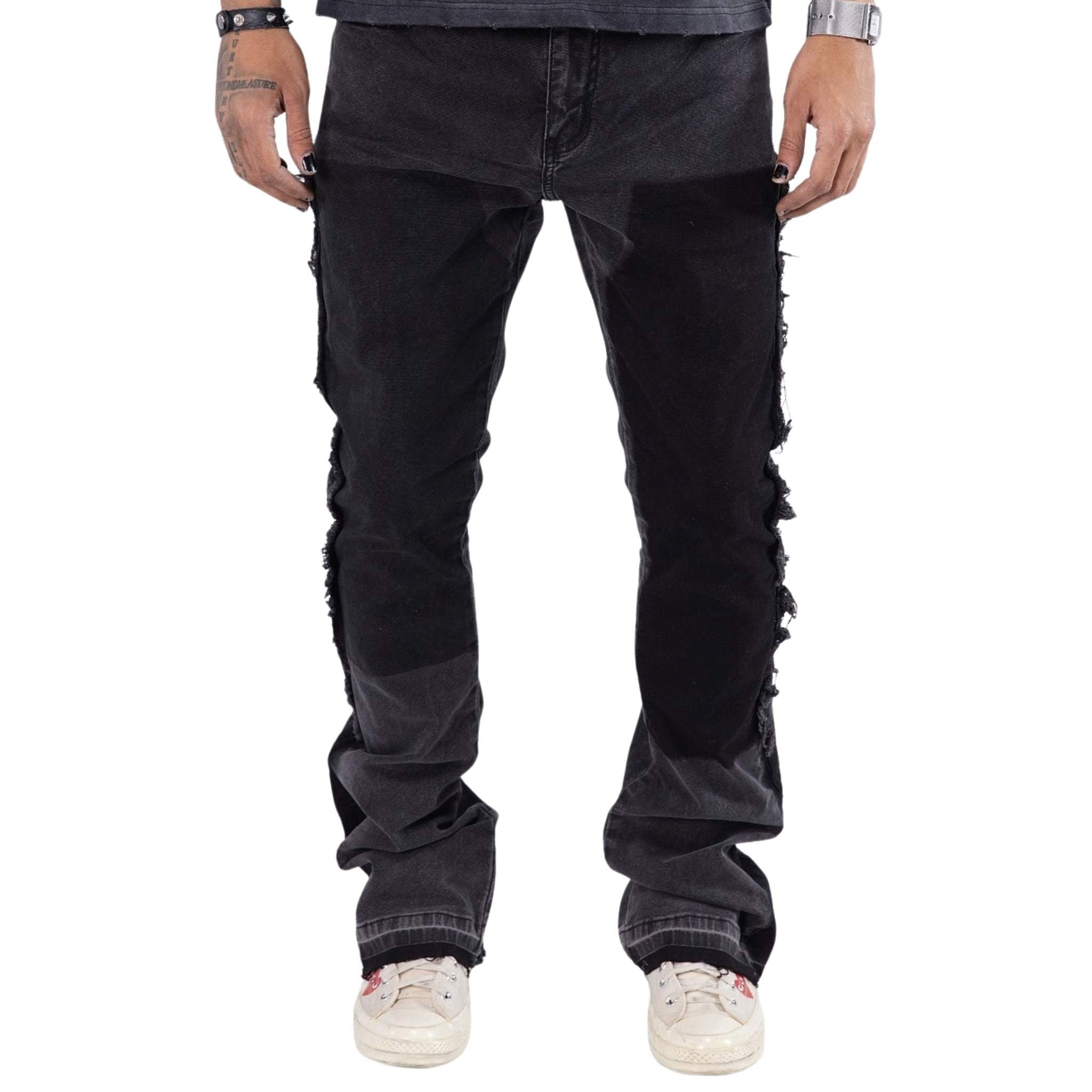 Black carpenter pants with distressed seams – Paper Money utility pants front view