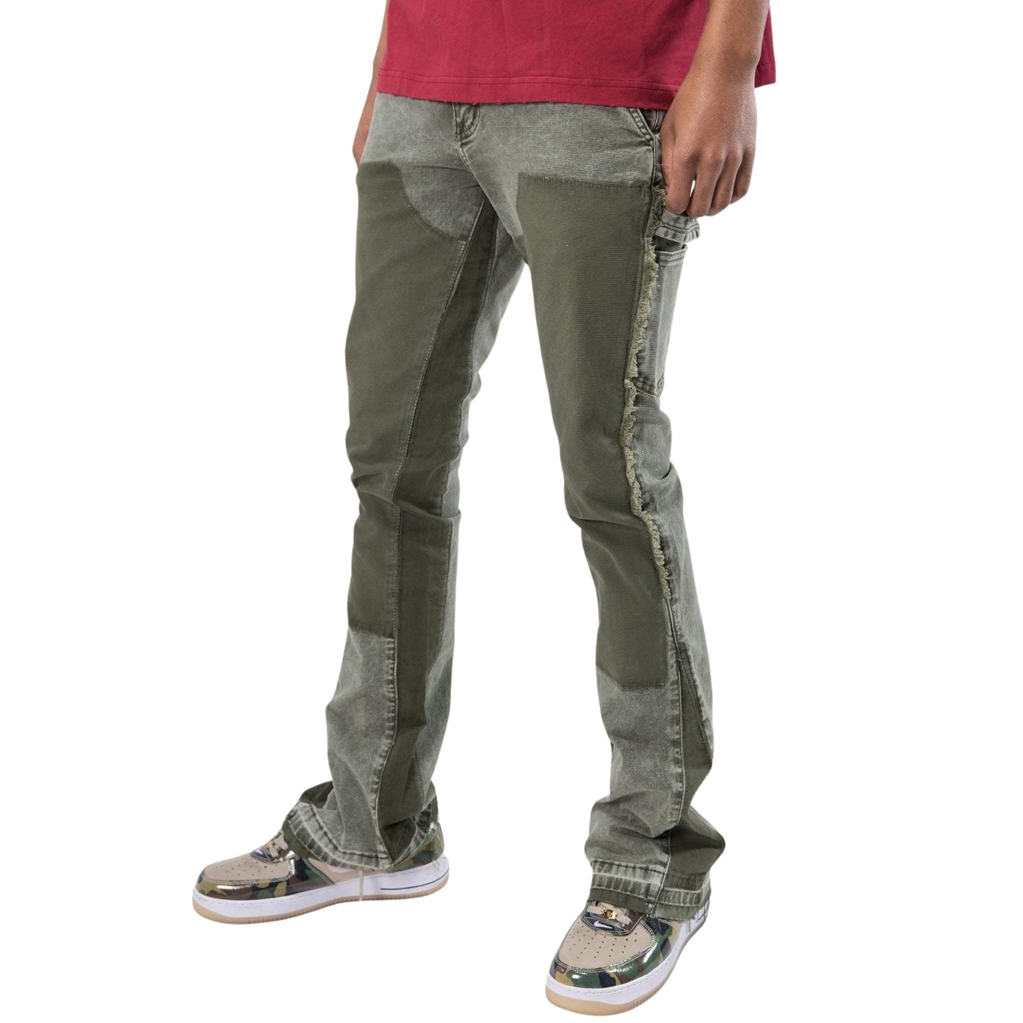 Men’s olive carpenter pants with stacked fit and distressed detailing