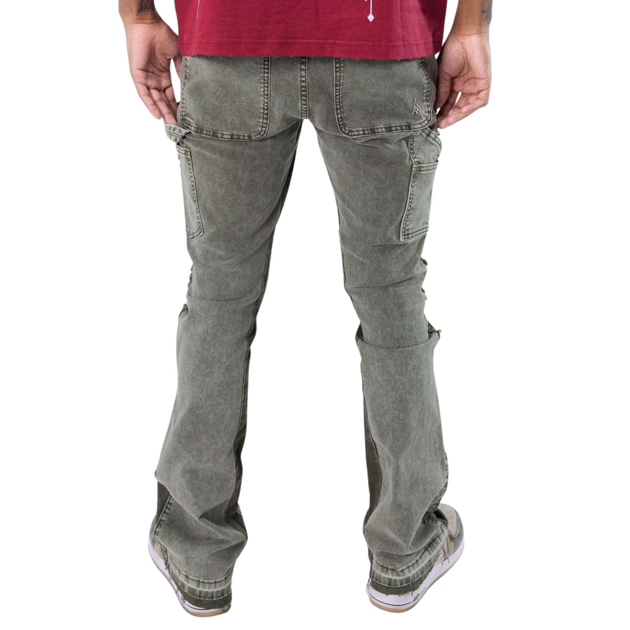 Olive carpenter pants back view with carpenter pockets and vintage wash