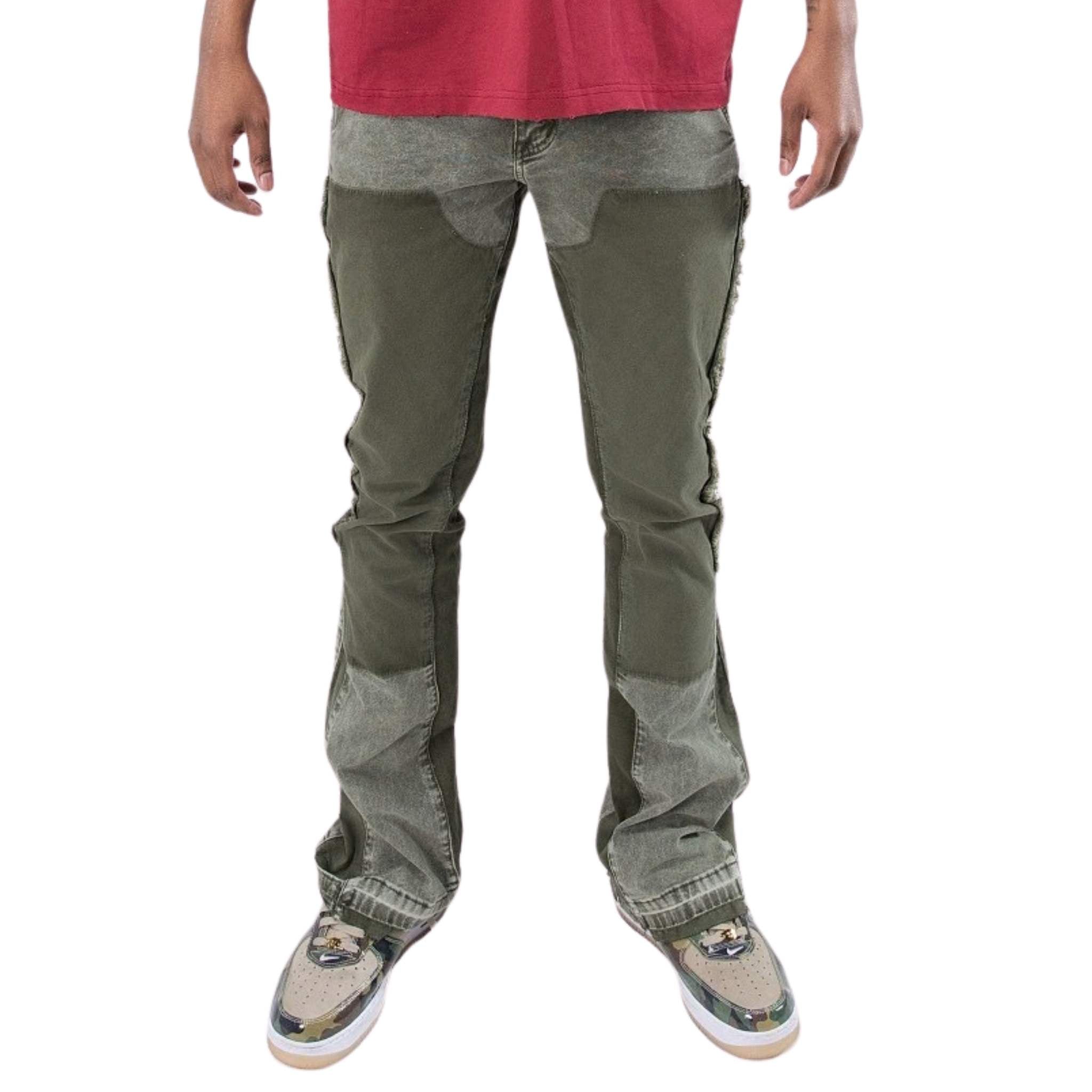 Olive carpenter pants with distressed seams – Paper Money utility pants front view