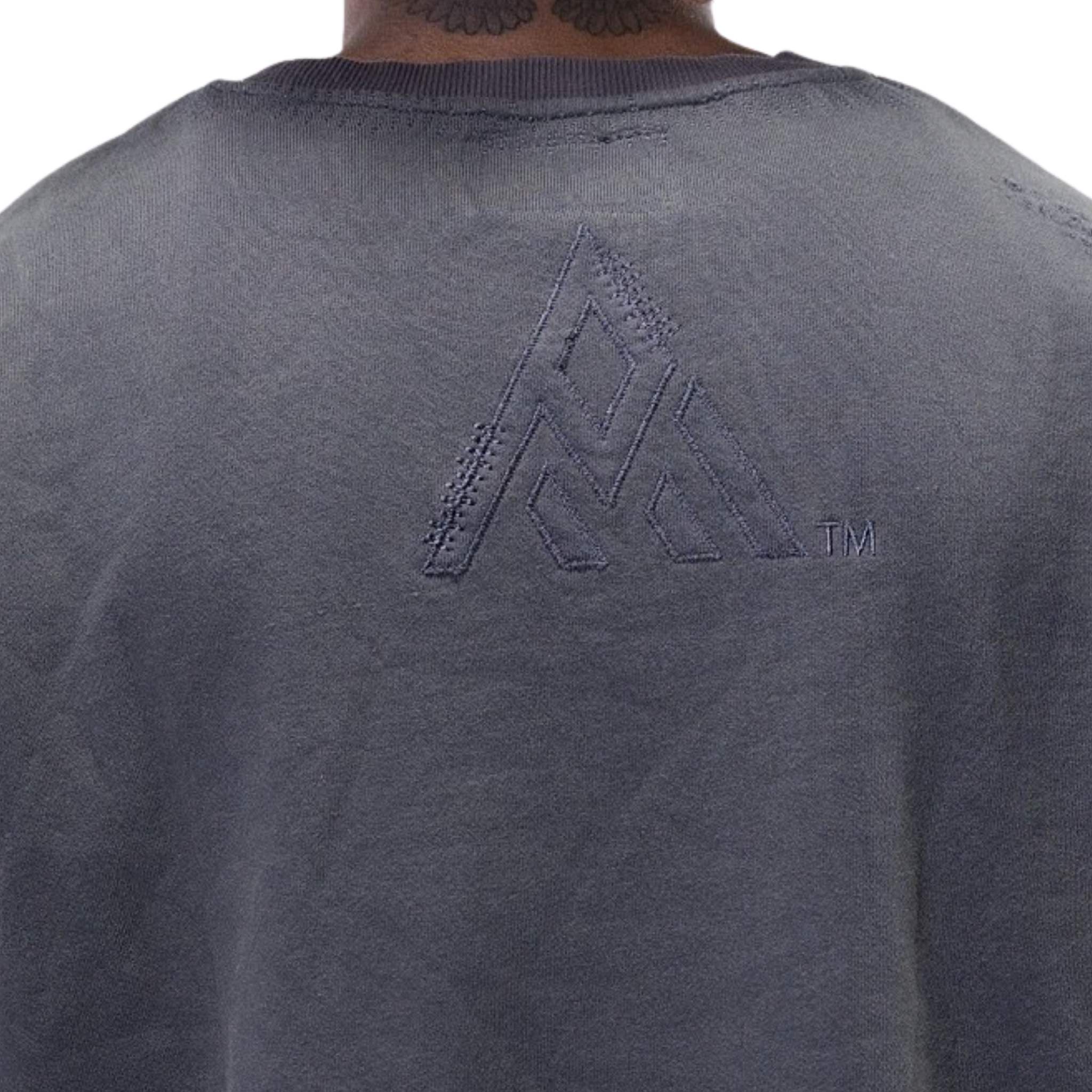 Gray sweatshirt with a logo on the back against a white background