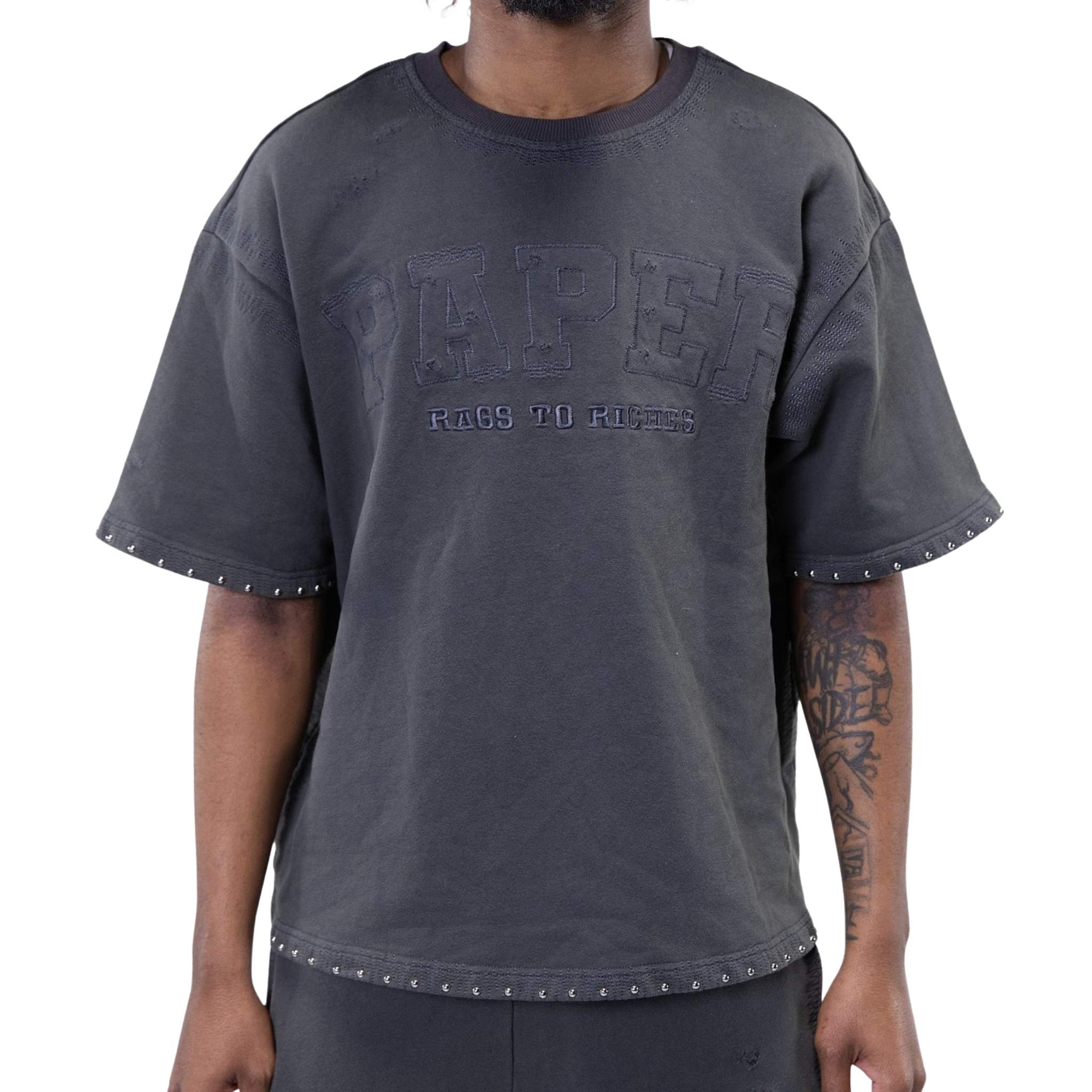 Washed grey shirt with studded hem and tonal embroidery