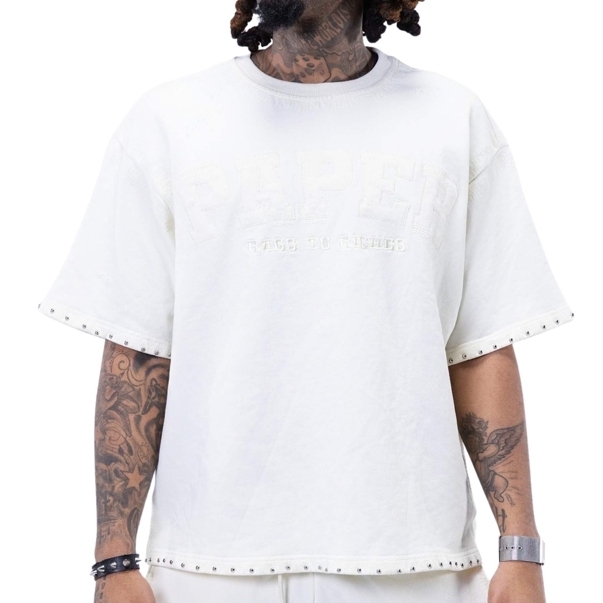 Vintage white shirt with tonal embroidery and studded hem