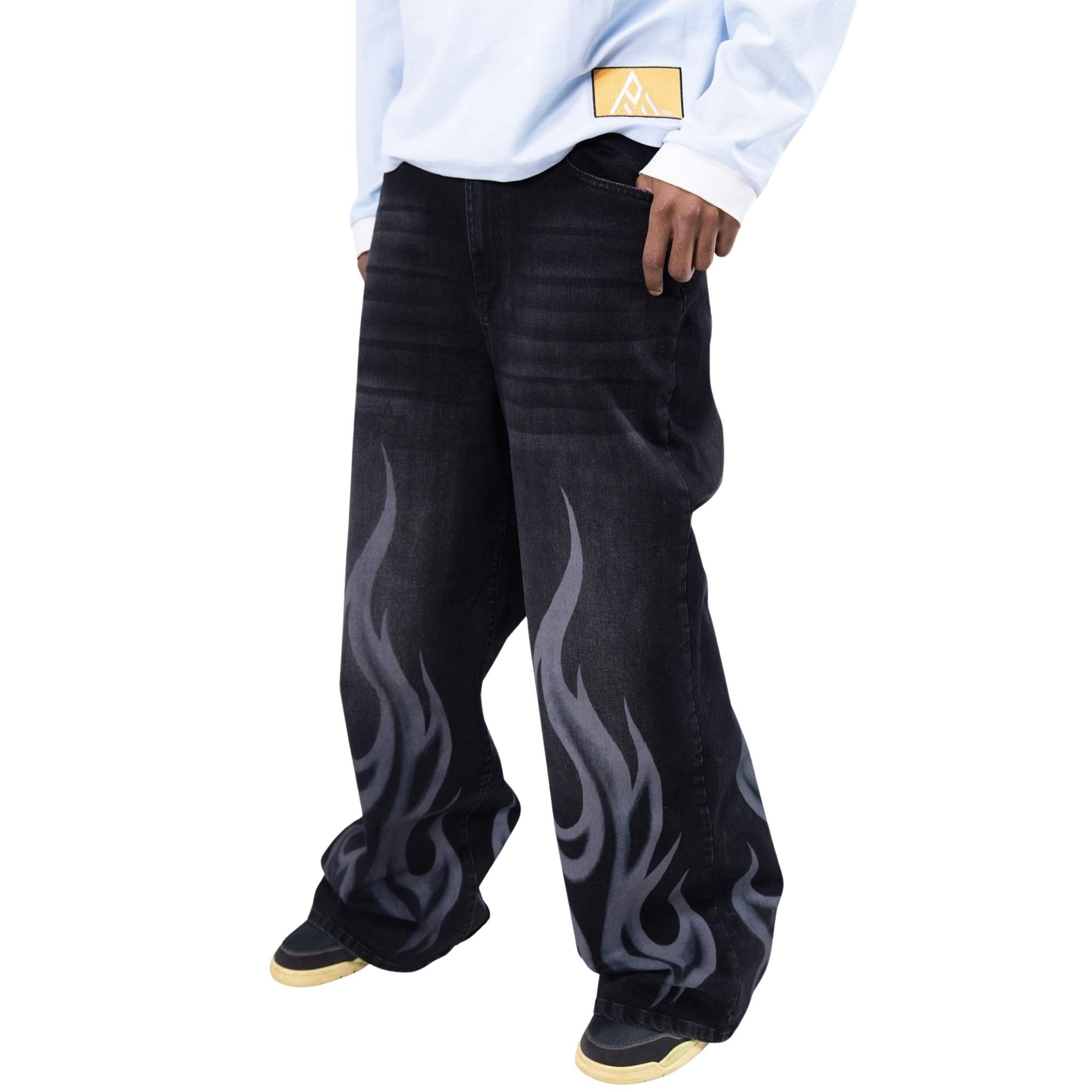 Relaxed fit black baggy denim with flame graphics