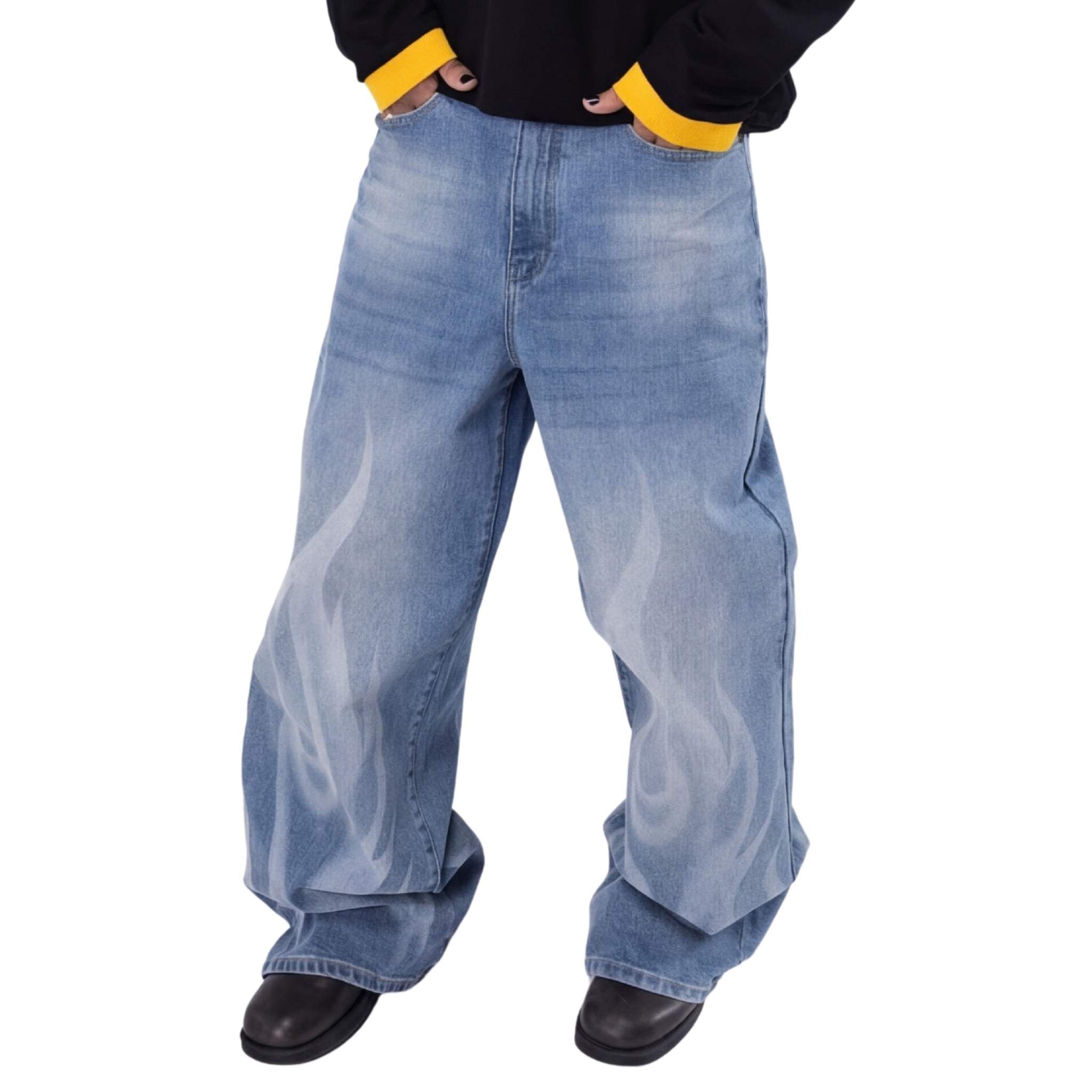 Relaxed fit baggy denim jeans with flame graphics