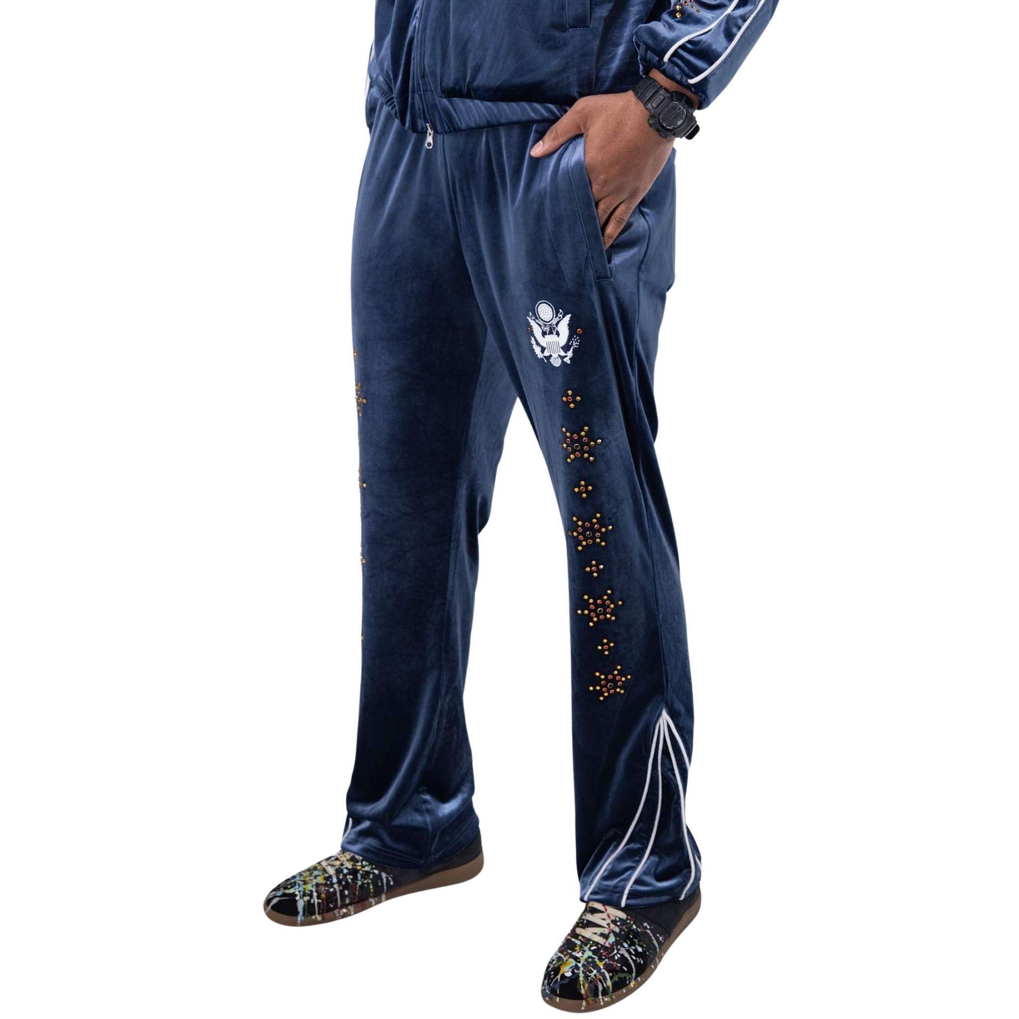 Men’s blue velour track pants with premium finish