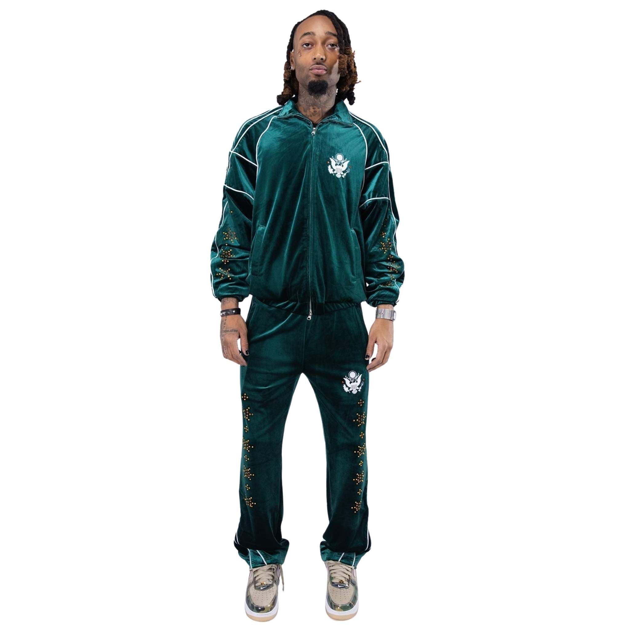 Heart Over Greed Velour Track Pants | Emerald-5