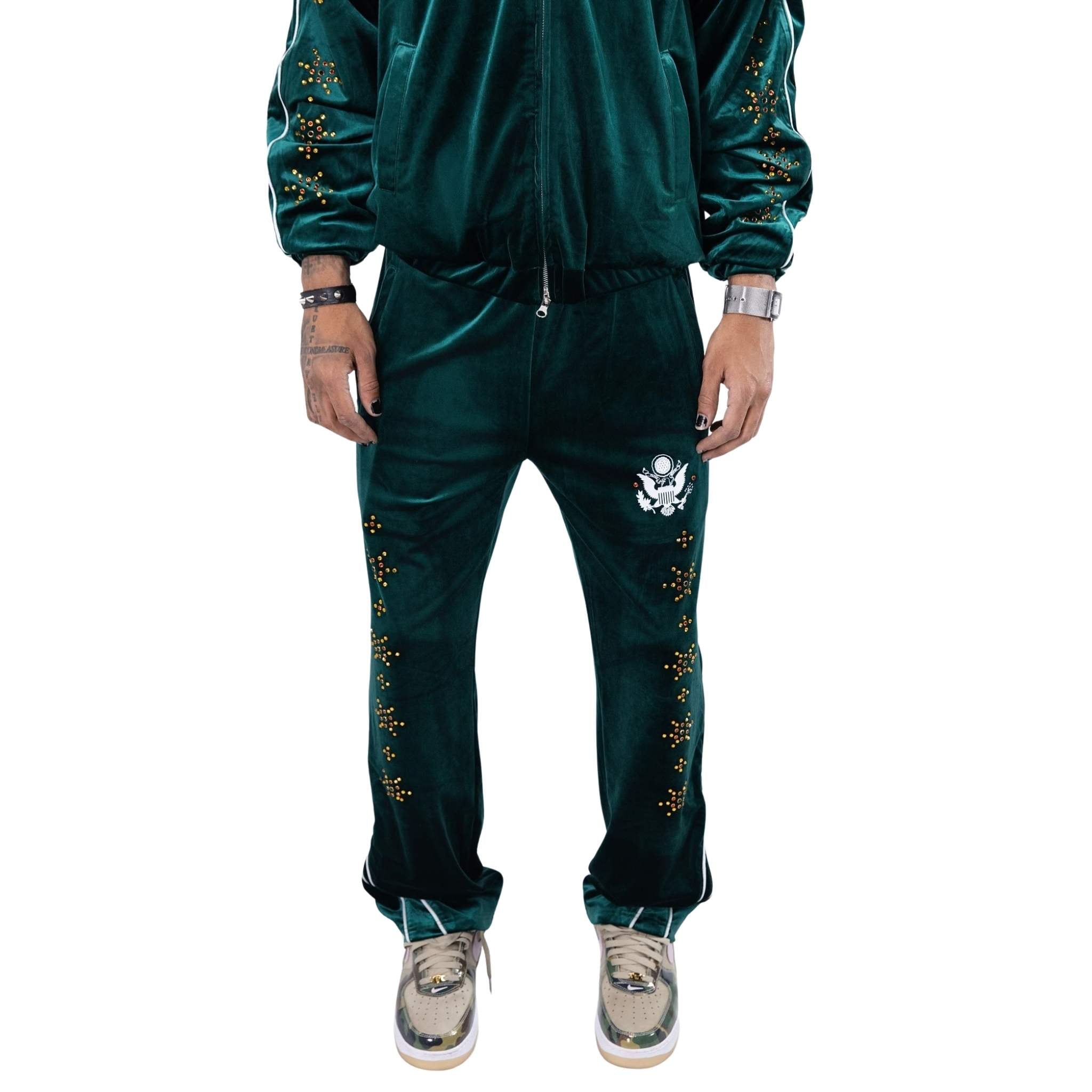 Emerald velour track pants with stud detailing – front view