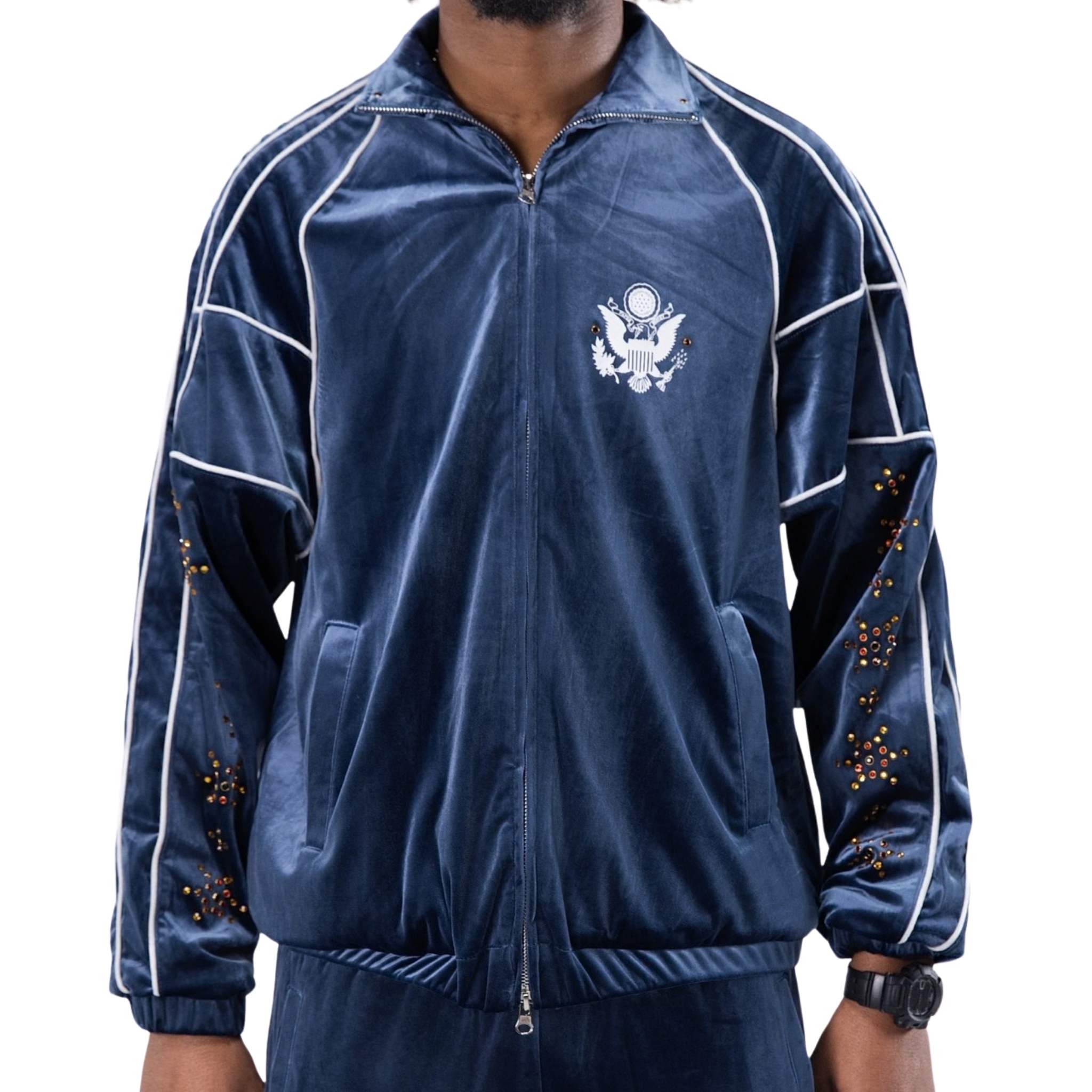 トップス IDEASWAM OUROBOROS VELOUR TRACK JACKET Blue Velour Track Jacket – Streetwear Set | Paper Money