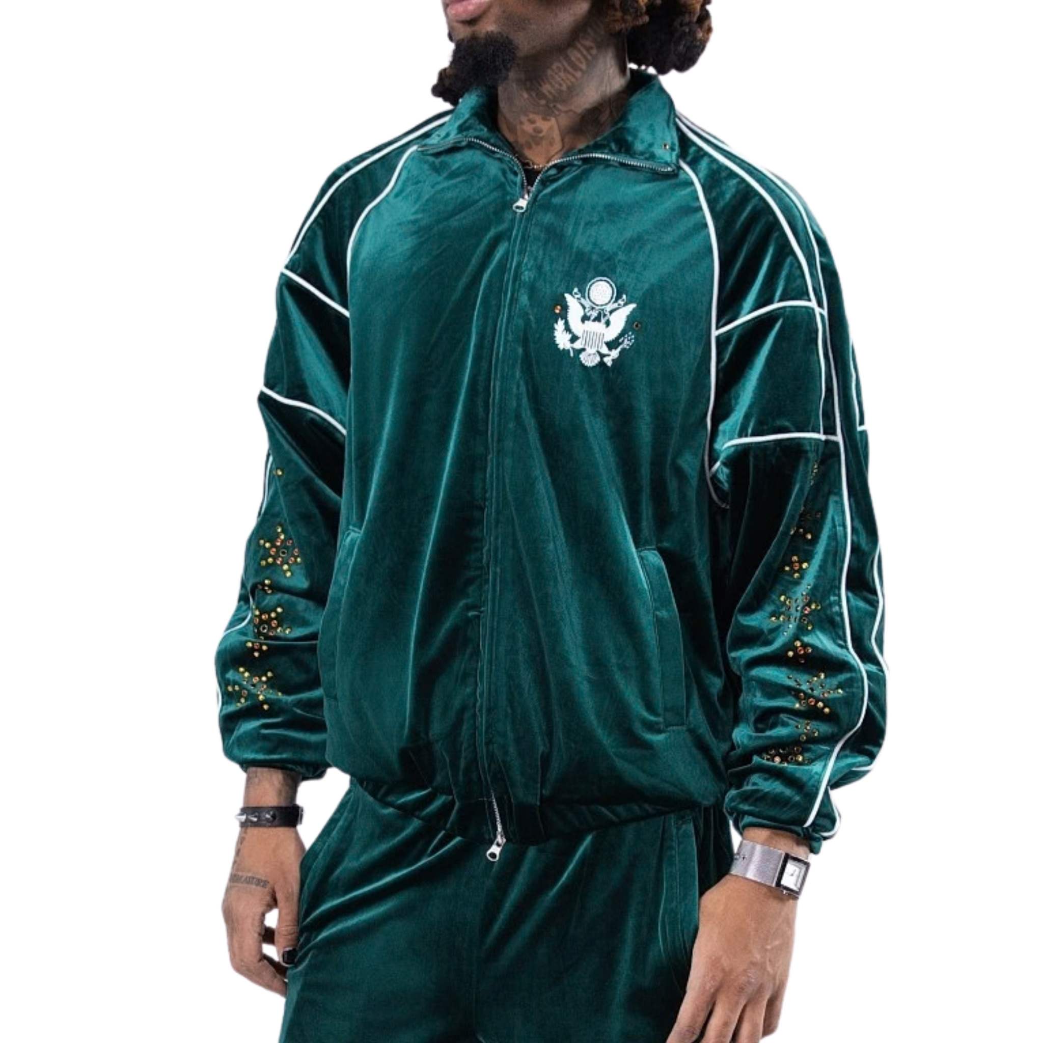 Men’s emerald velour track jacket with relaxed fit and premium finish