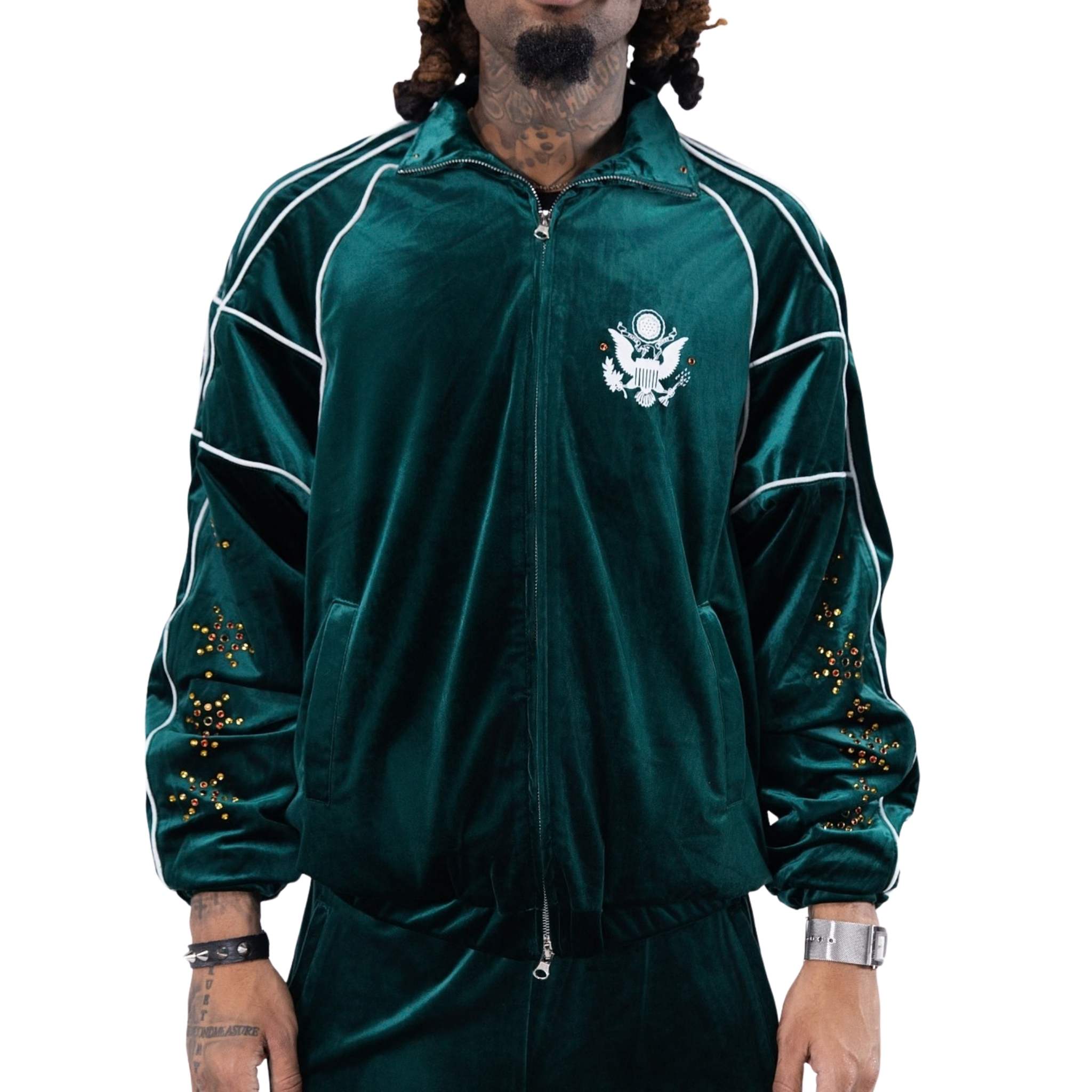 Emerald green velour track jacket with zipper and piping – Paper Money front view