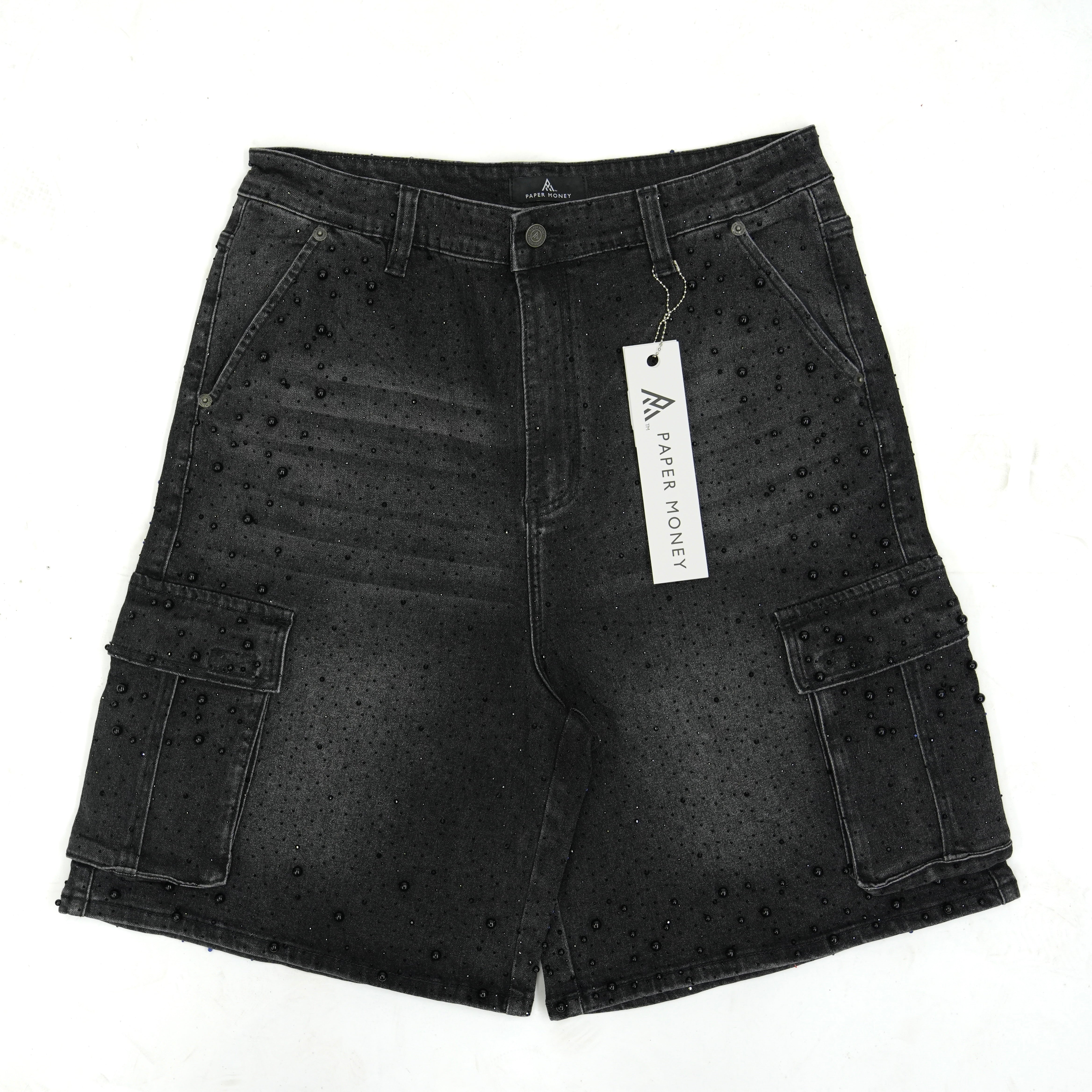 Pearl Studded Denim Cargo Shorts | Black
