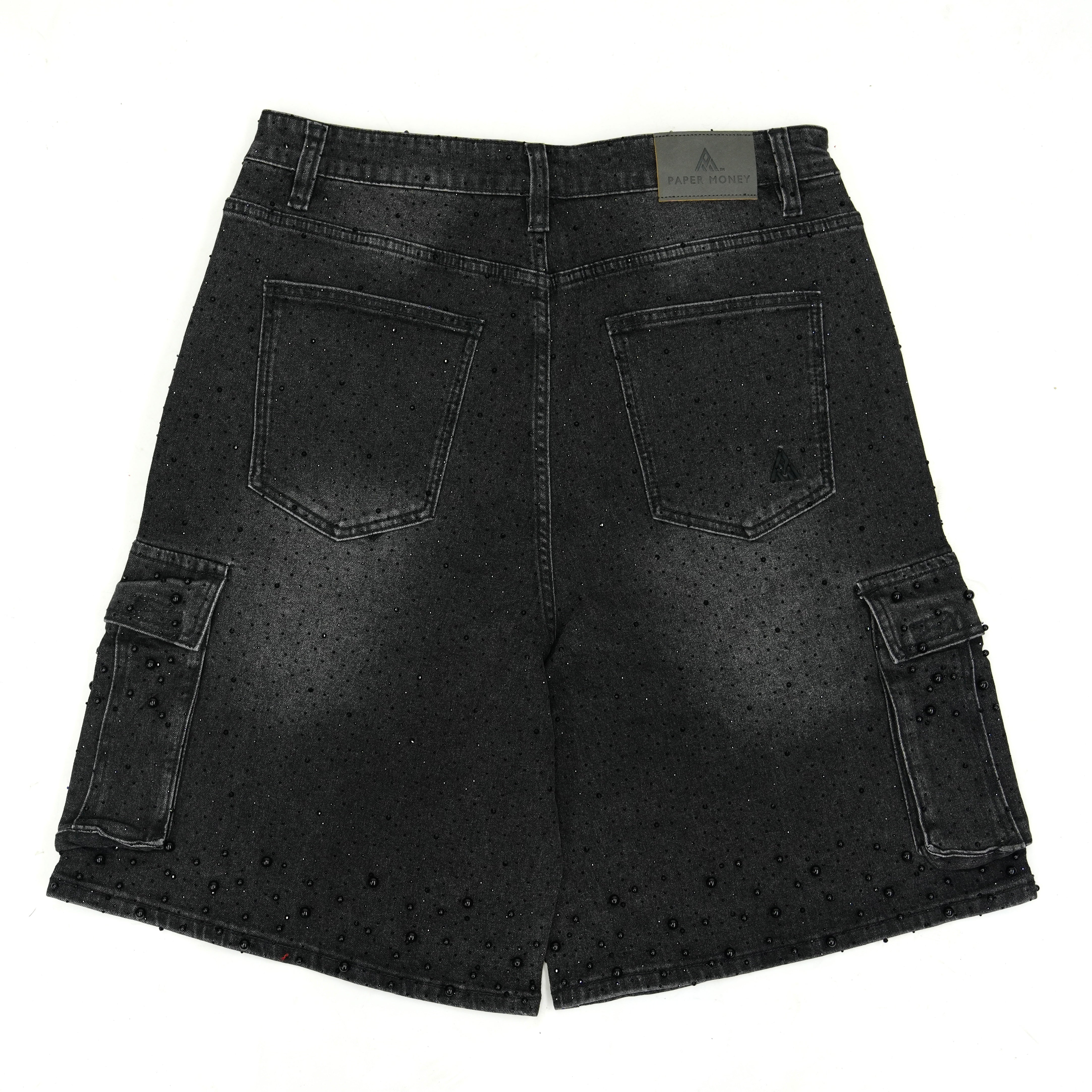 Pearl Studded Denim Cargo Shorts | Black-2