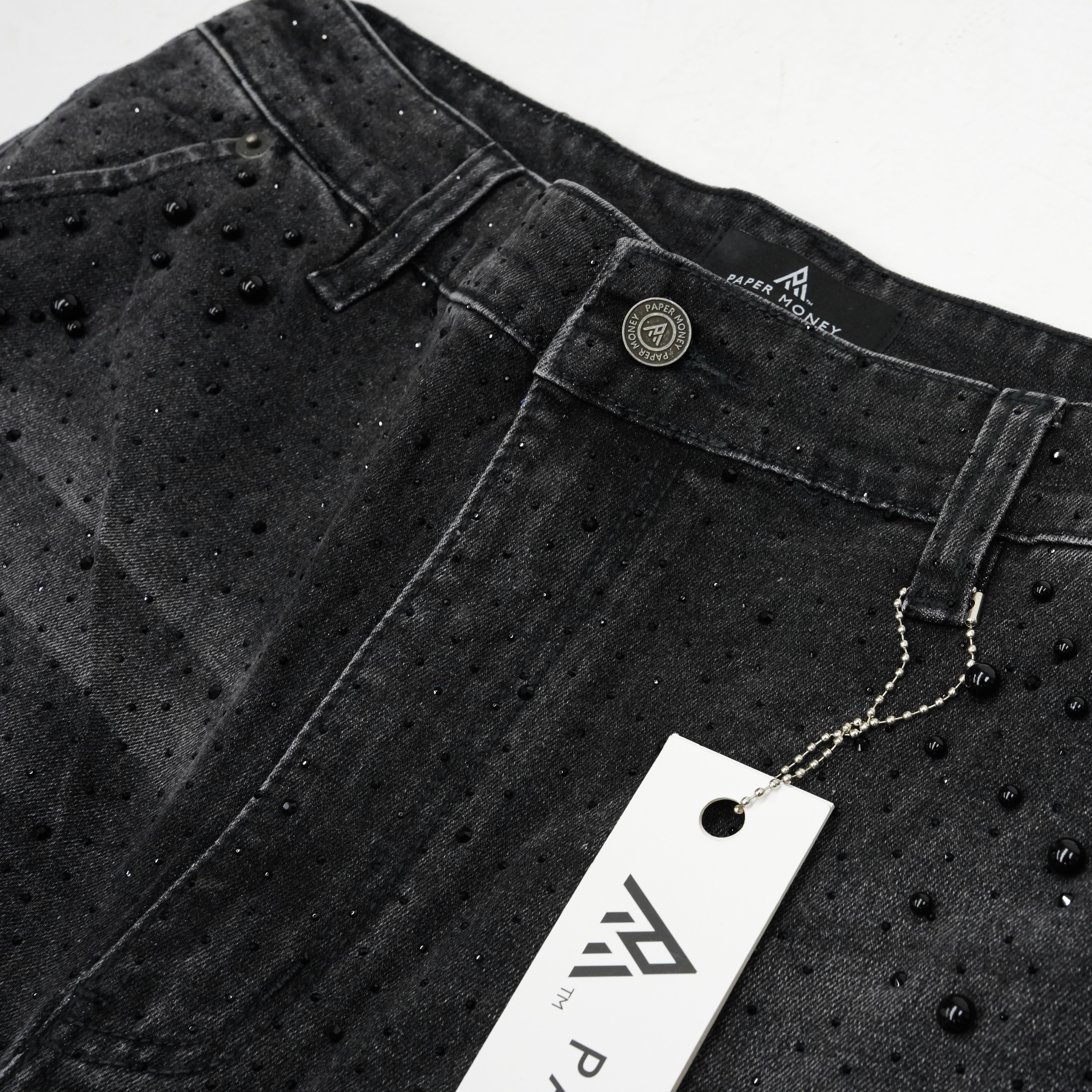 Pearl Studded Denim Cargo Shorts | Black-3