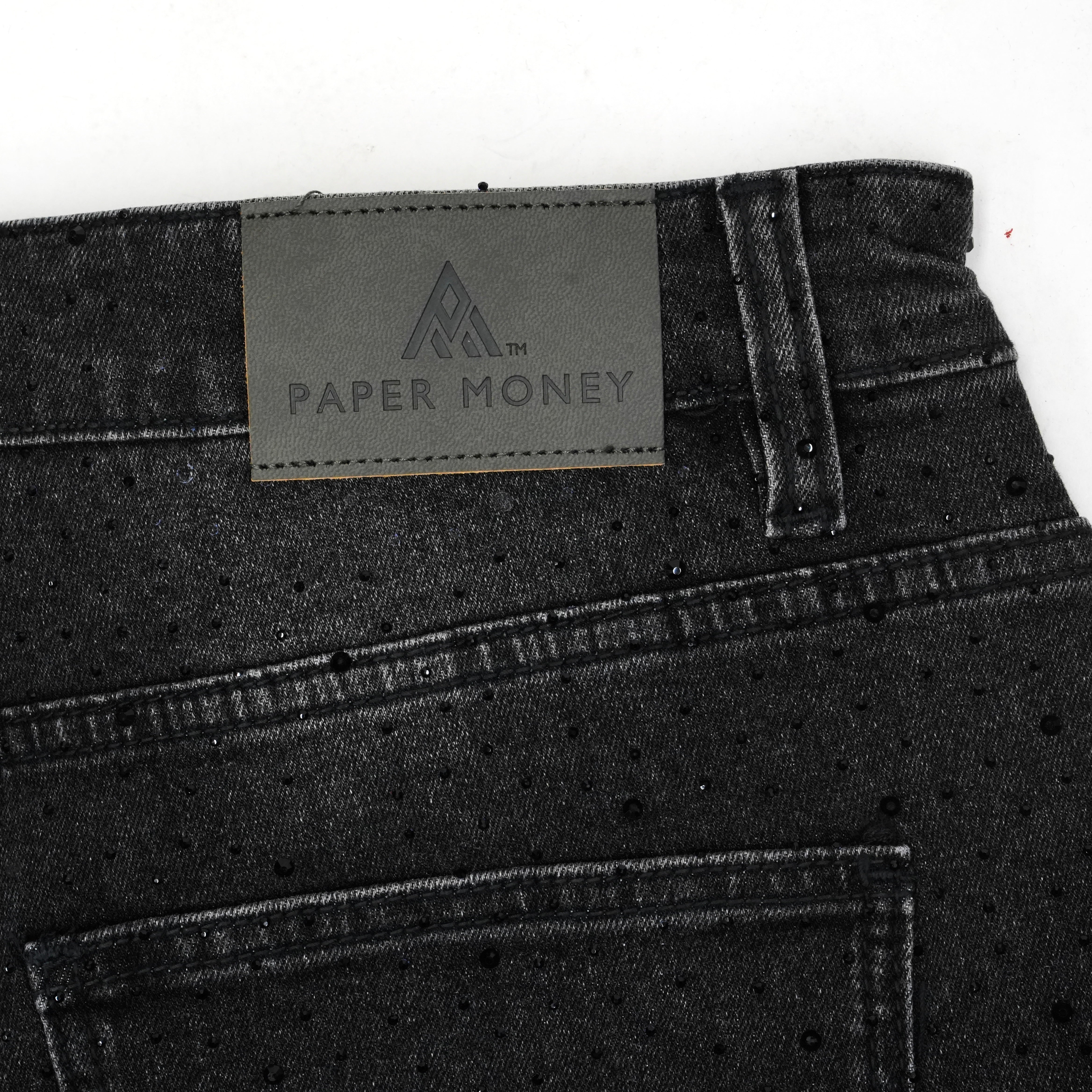 Pearl Studded Denim Cargo Shorts | Black-4