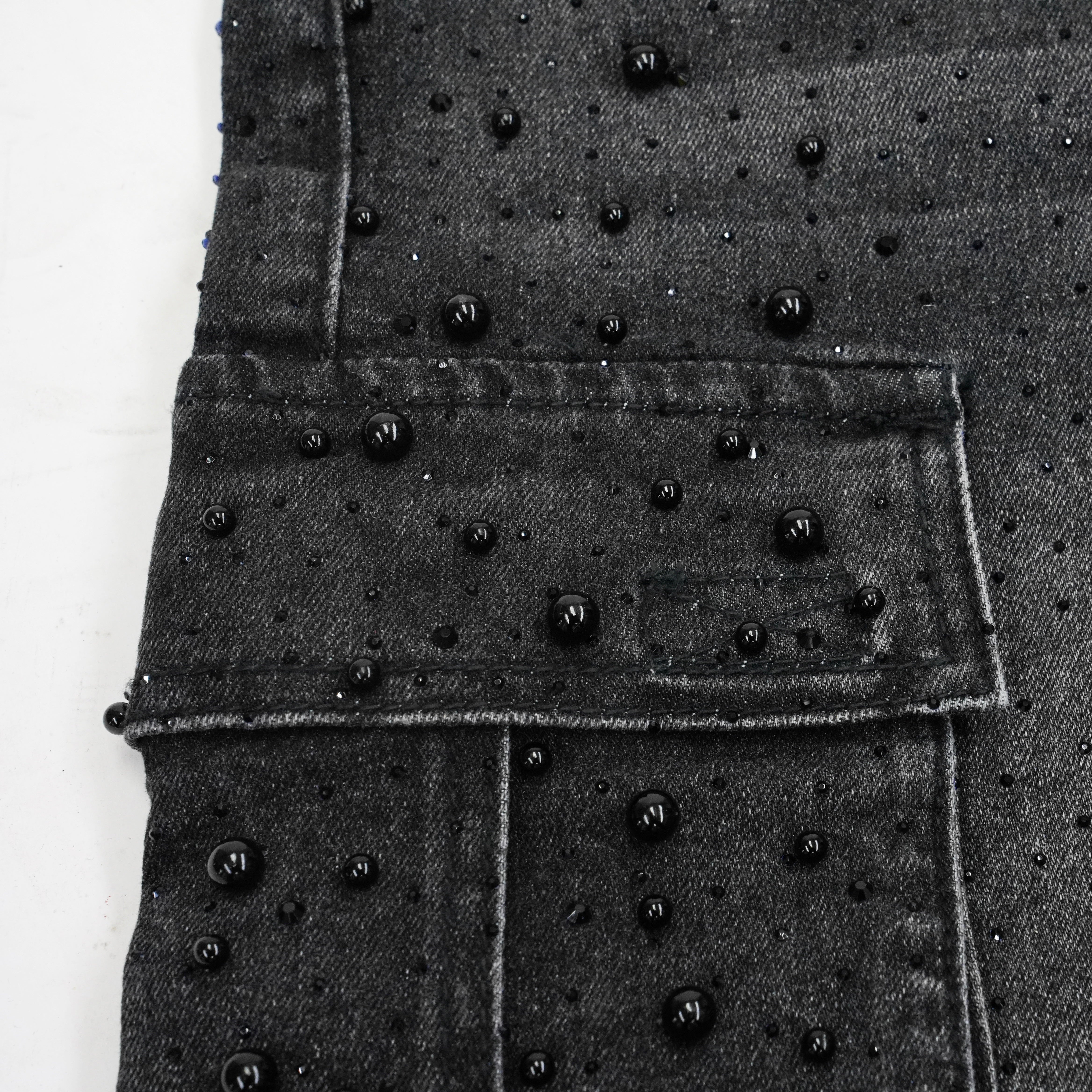 Pearl Studded Denim Cargo Shorts | Black-5