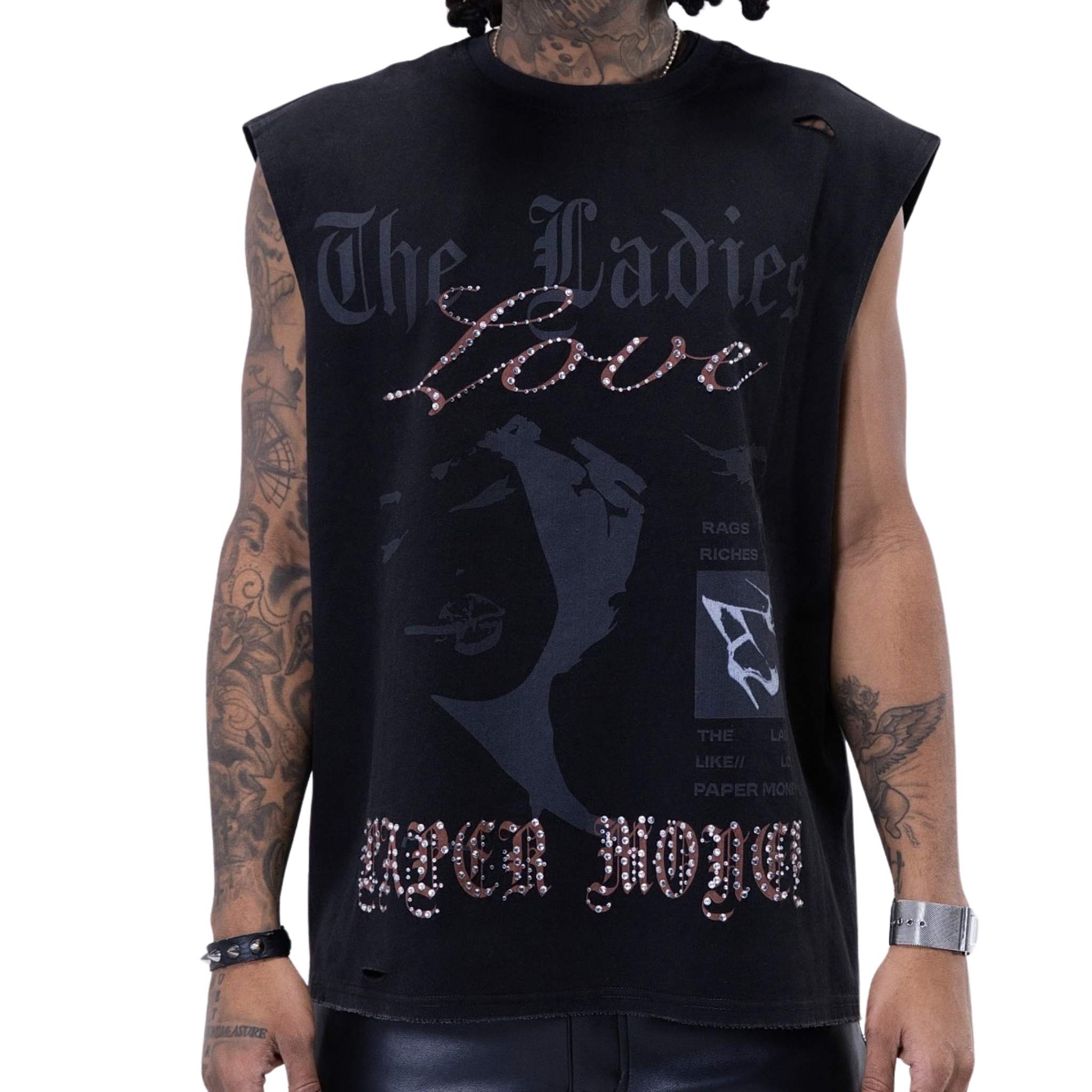 Black sleeveless cutoff shirt with rhinestone graphic