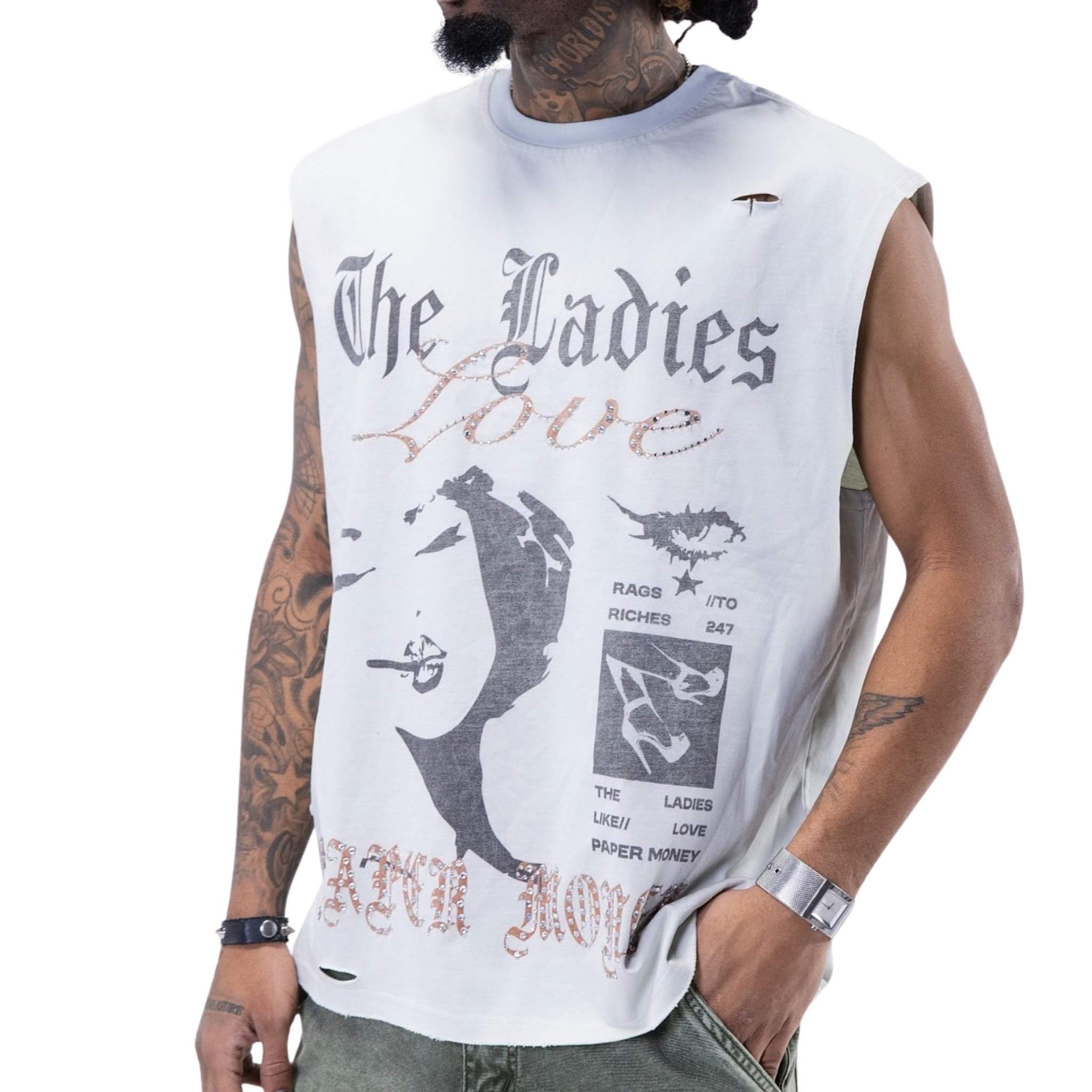 Oversized white graphic tank top styled for streetwear – sleeveless tee