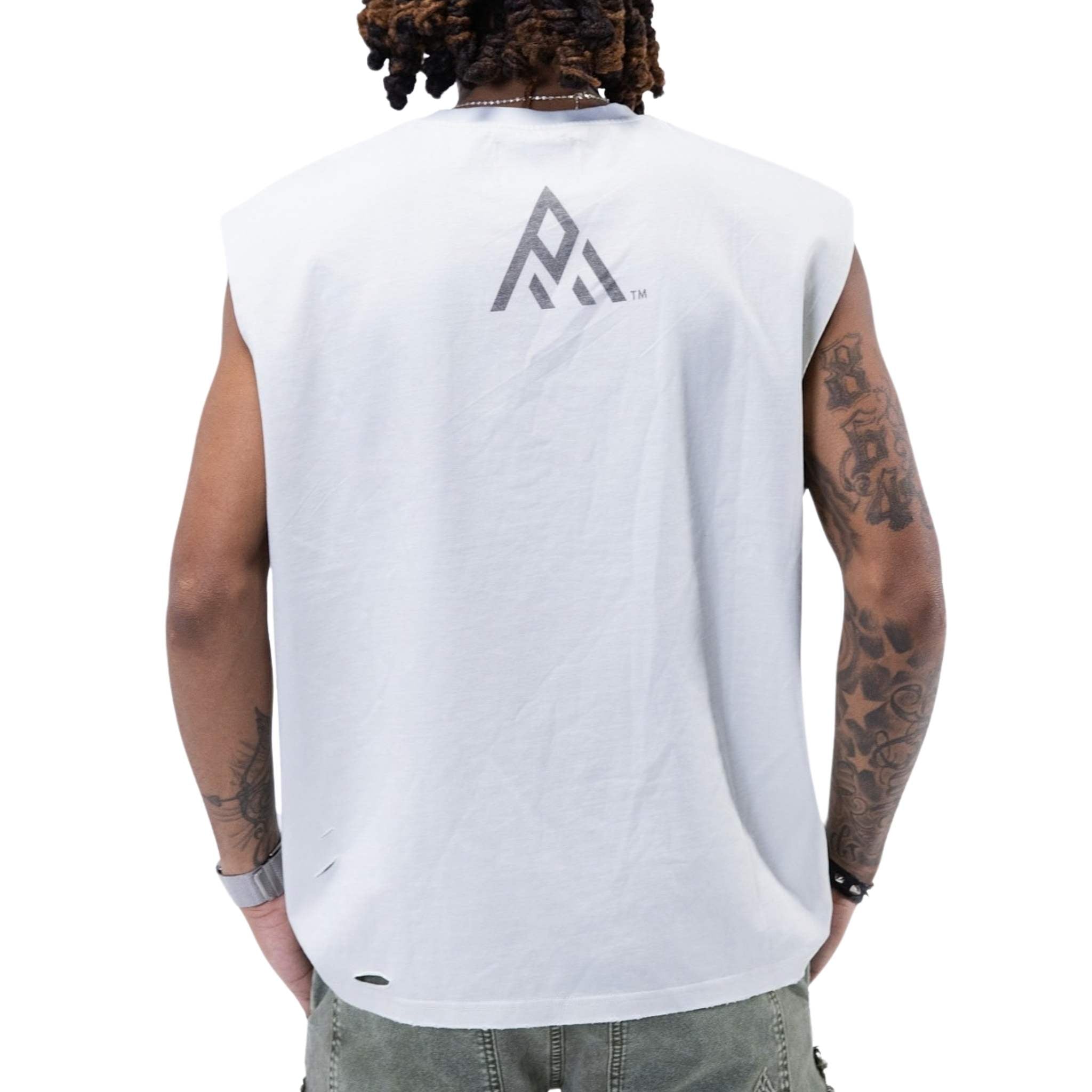 White sleeveless tank top back with Paper Money logo – men’s streetwear tank
