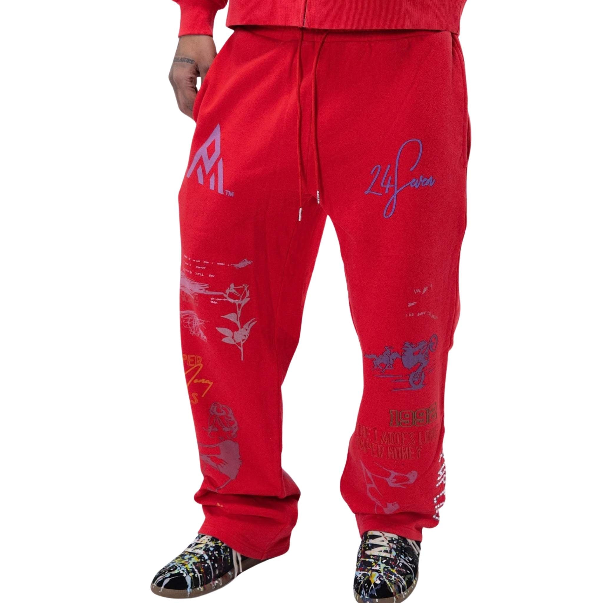 Men’s red graphic joggers with relaxed fit and prints