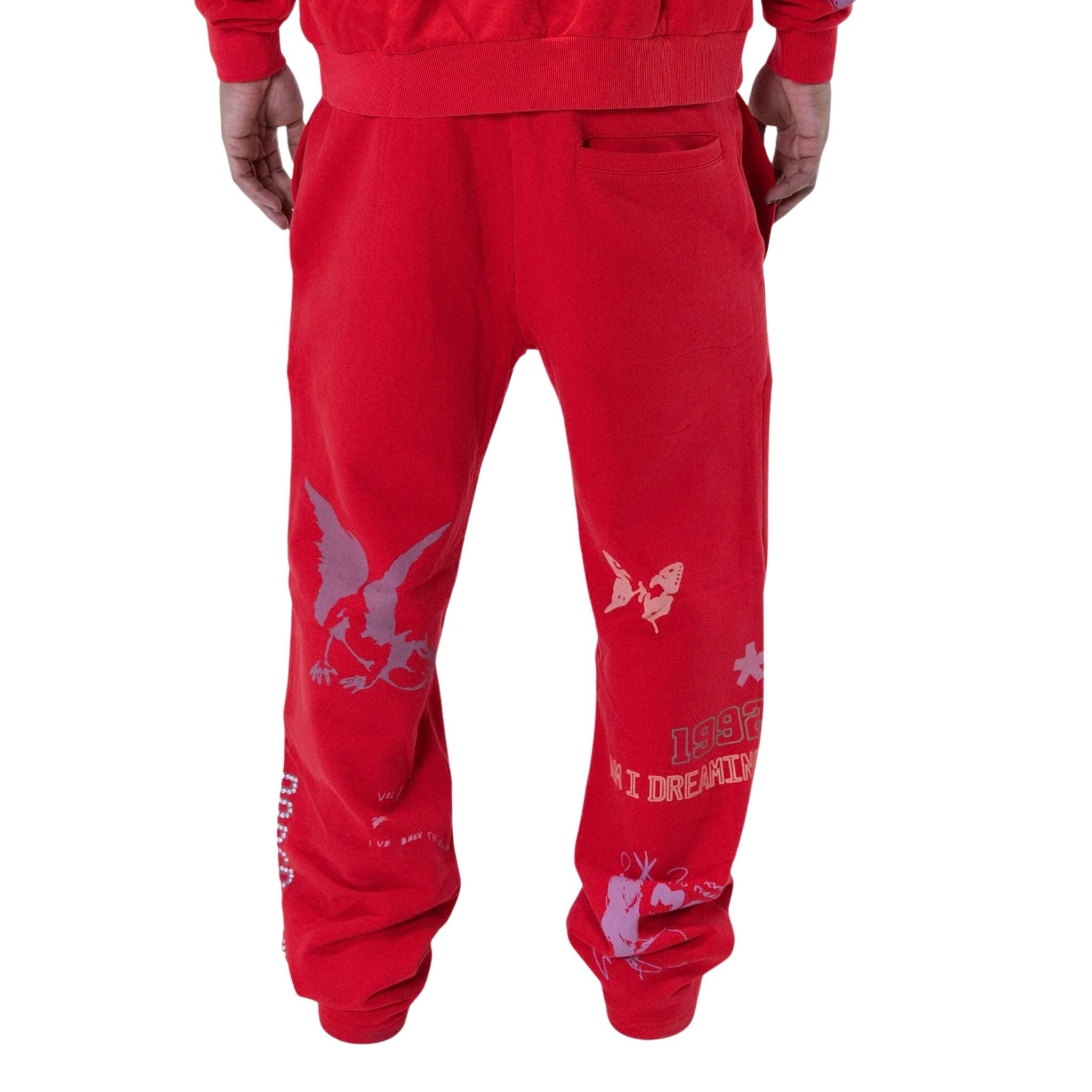Red joggers with back pocket and graphic detailing