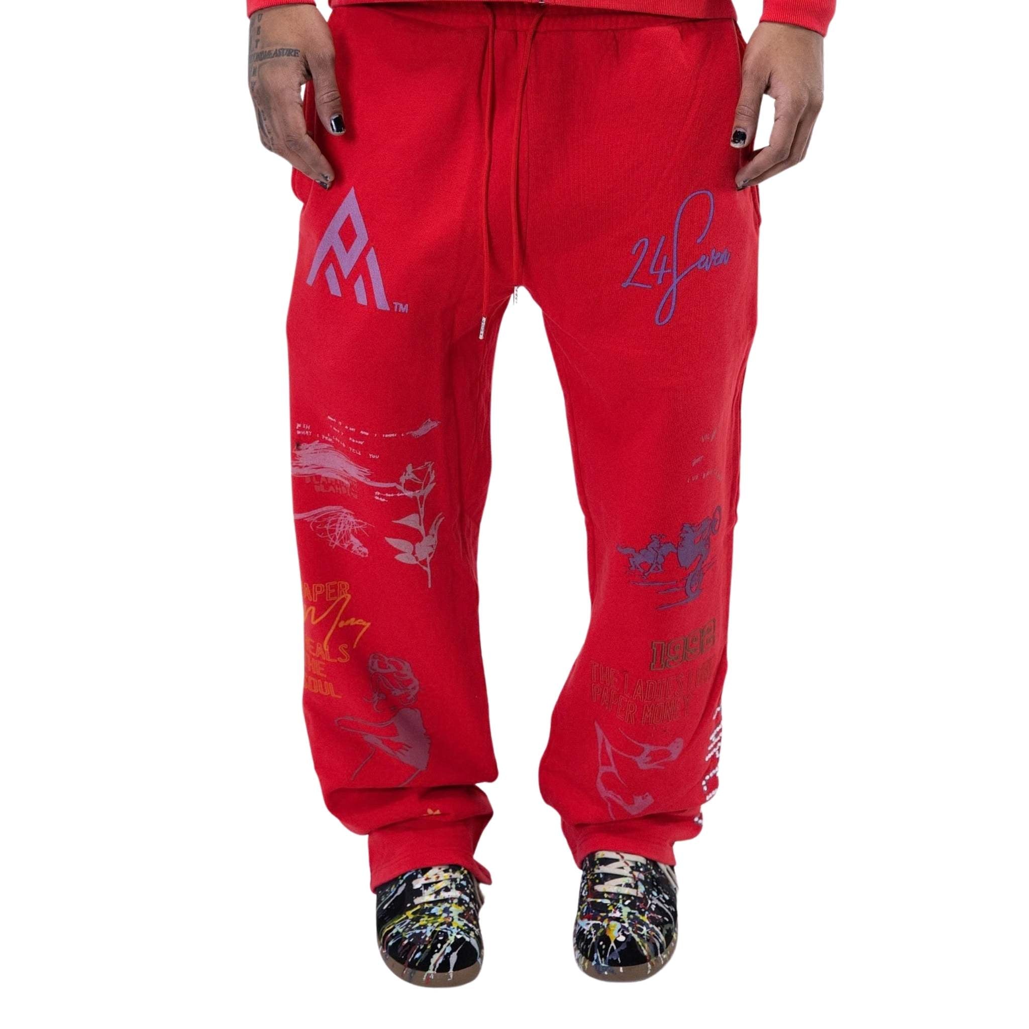 Red graphic joggers with printed artwork – front view