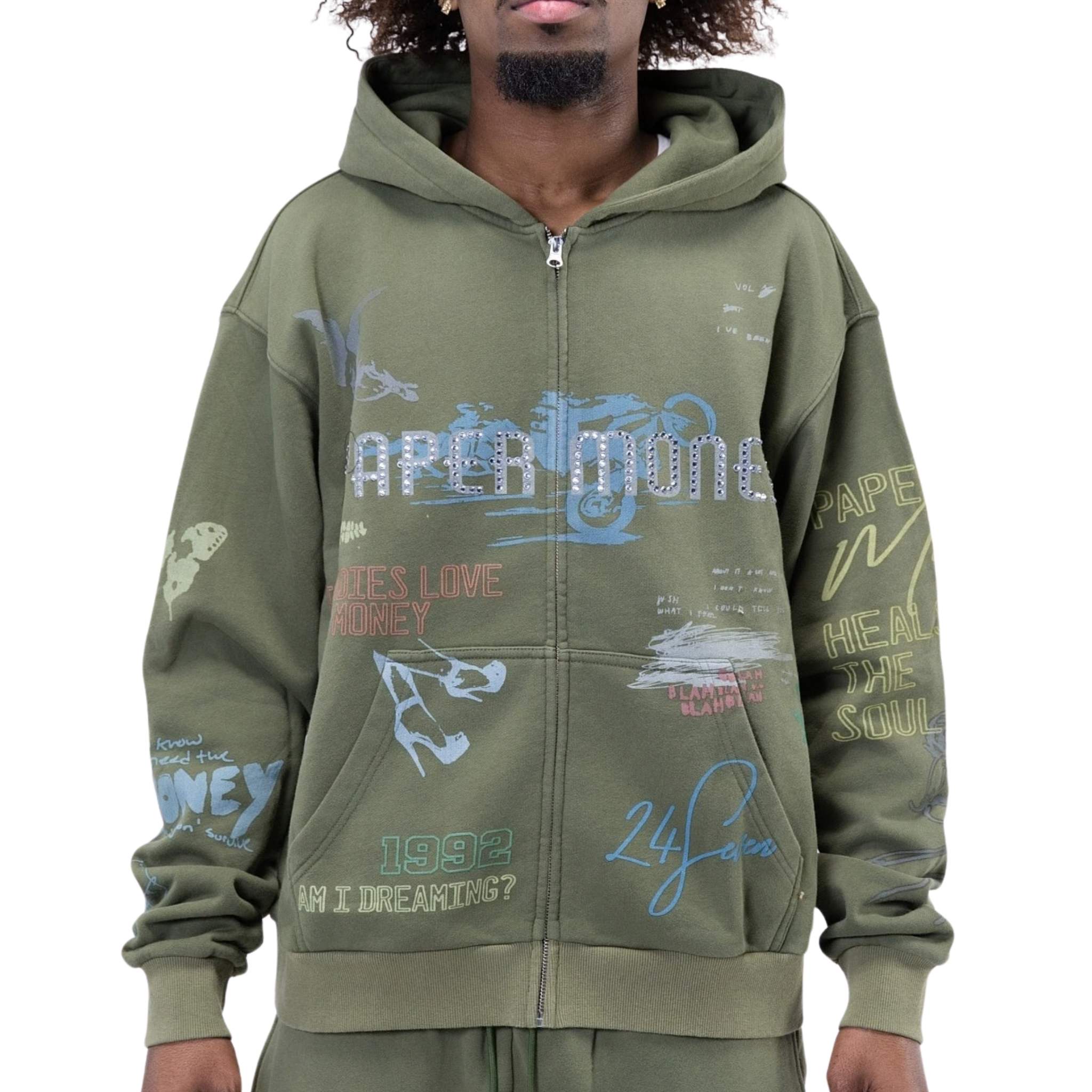 Olive zip hoodie with graphic print – Paper Money streetwear hoodie front view
