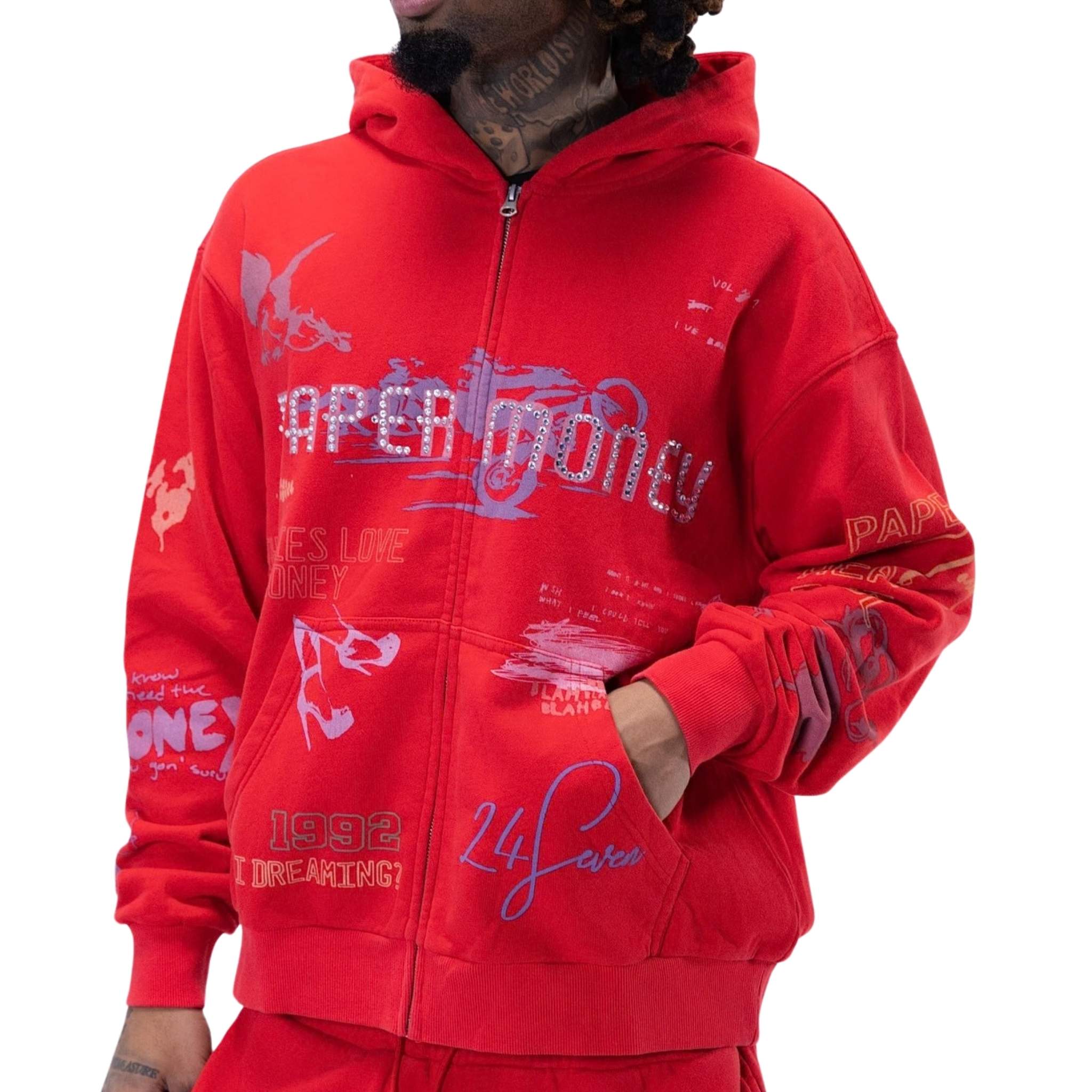 Men’s red graphic zip hoodie with relaxed fit streetwear styling