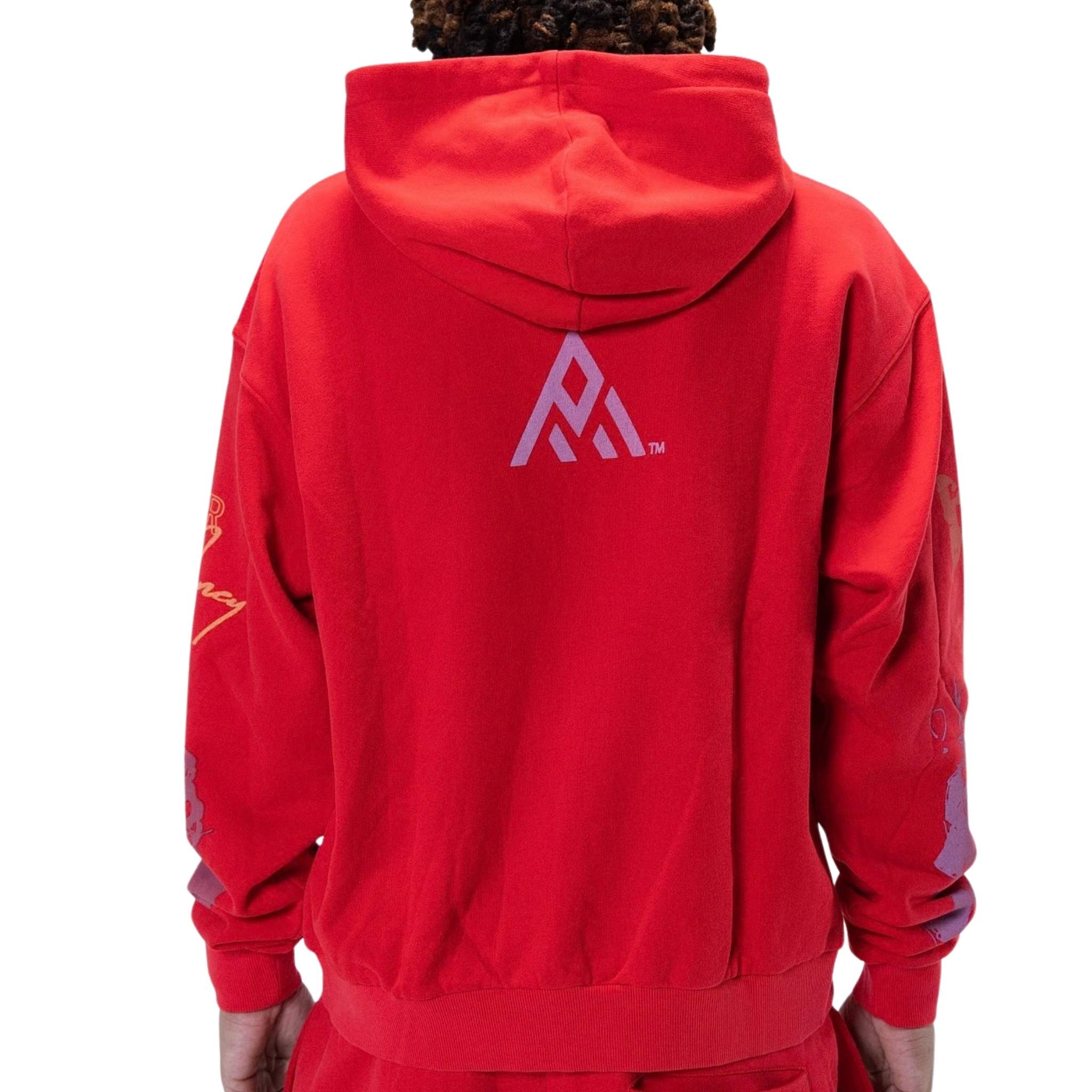 Red hoodie back view with Paper Money logo graphic