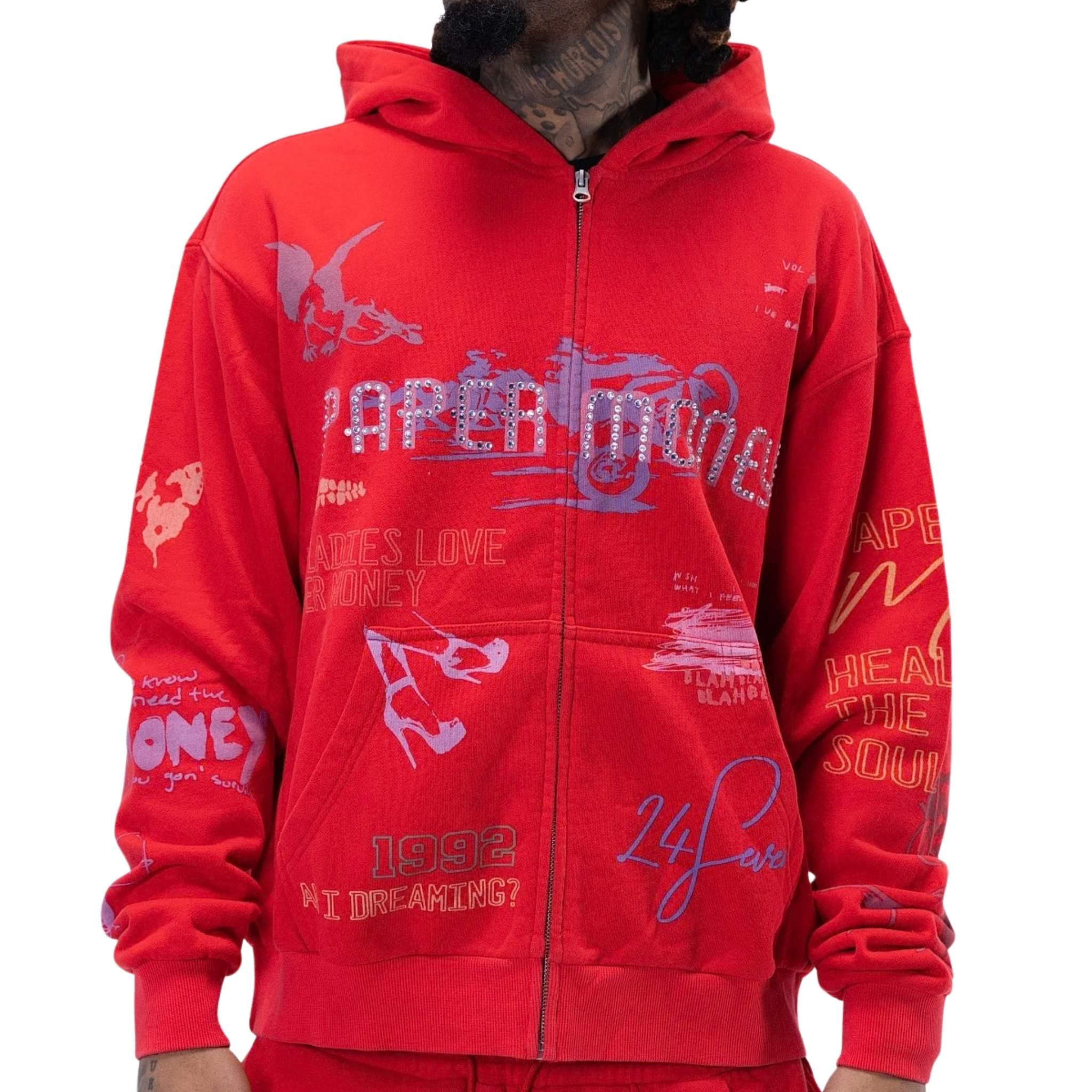 Red zip hoodie with graphic print – Paper Money streetwear hoodie front view