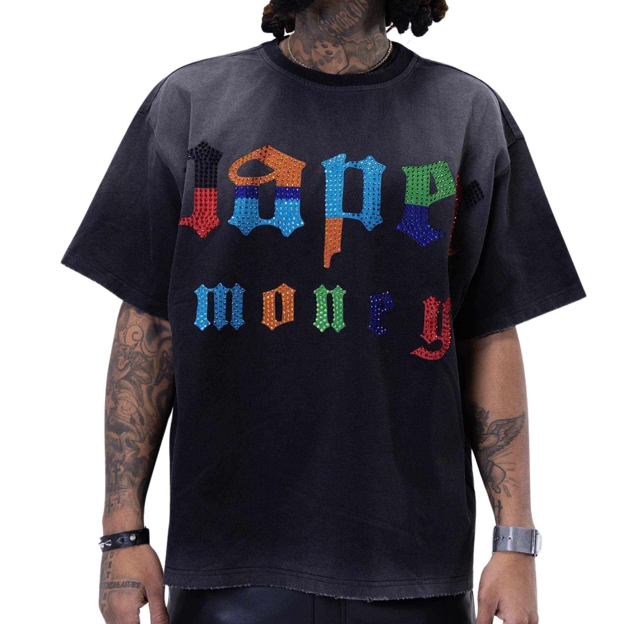 Black graphic tee with multi-color studded Paper Money design – front view