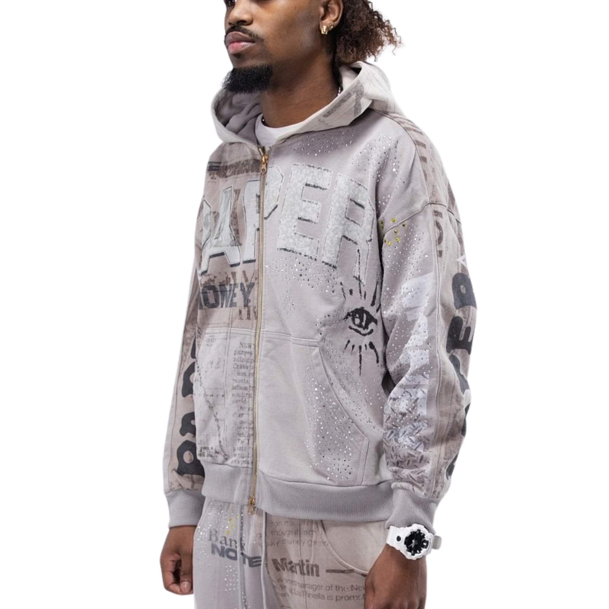 News Paper Zip Hoodie | Taupe-2