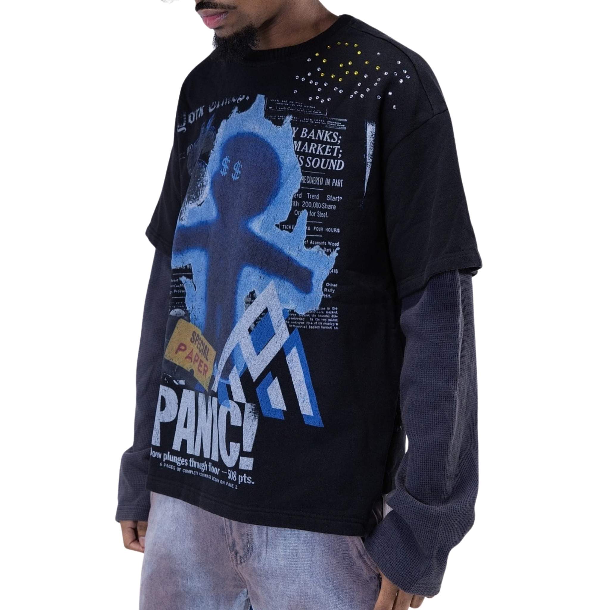 Relaxed fit layered graphic shirt with thermal sleeves