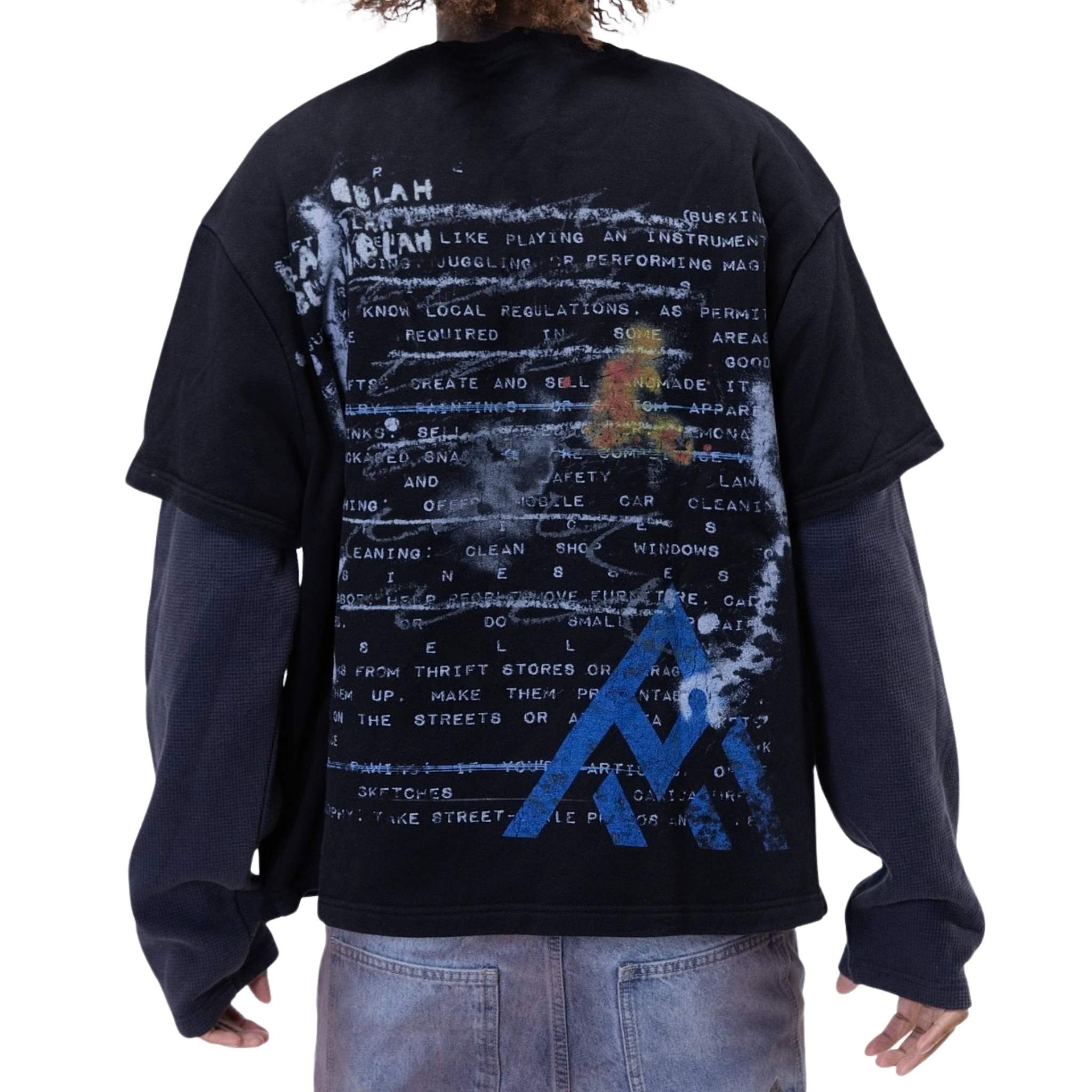 Graphic layered shirt with collage text and artwork on back