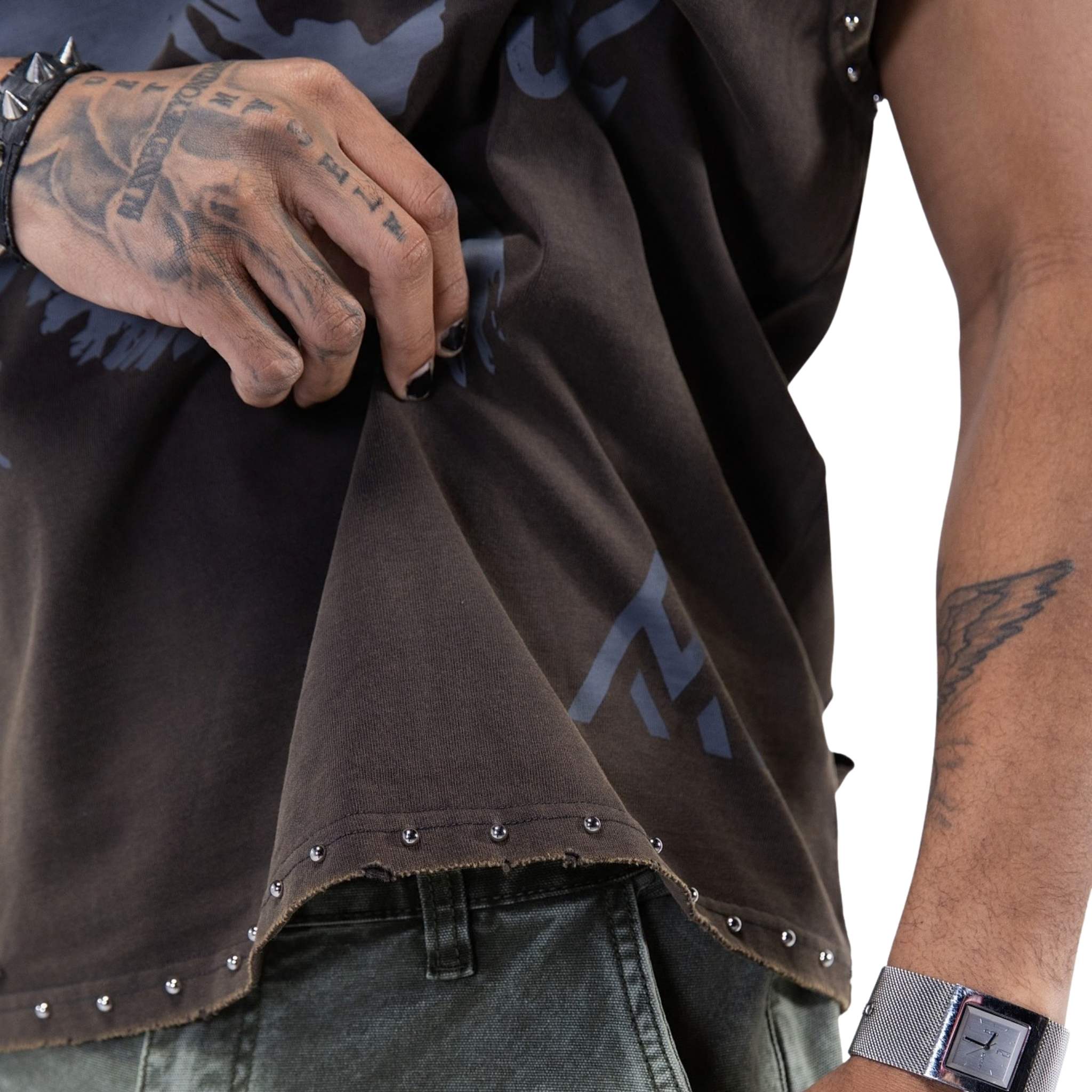 Distressed studded tank top detail – heavyweight vintage sleeveless shirt