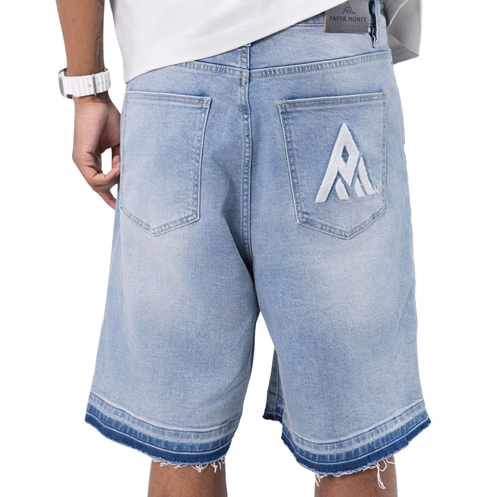Vintage wash denim shorts with Paper Money logo – back view