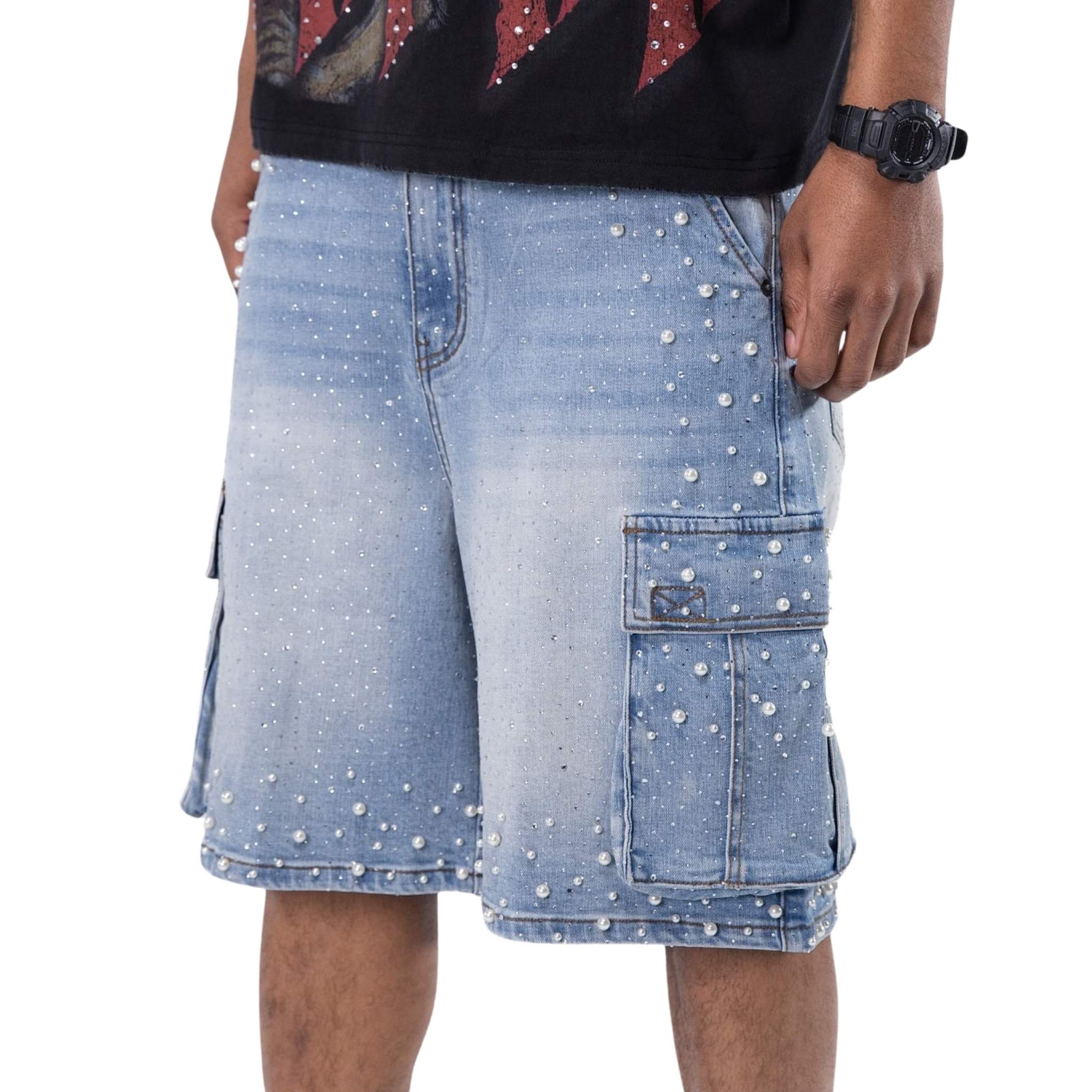 Relaxed fit cargo denim shorts with all-over stud detailing