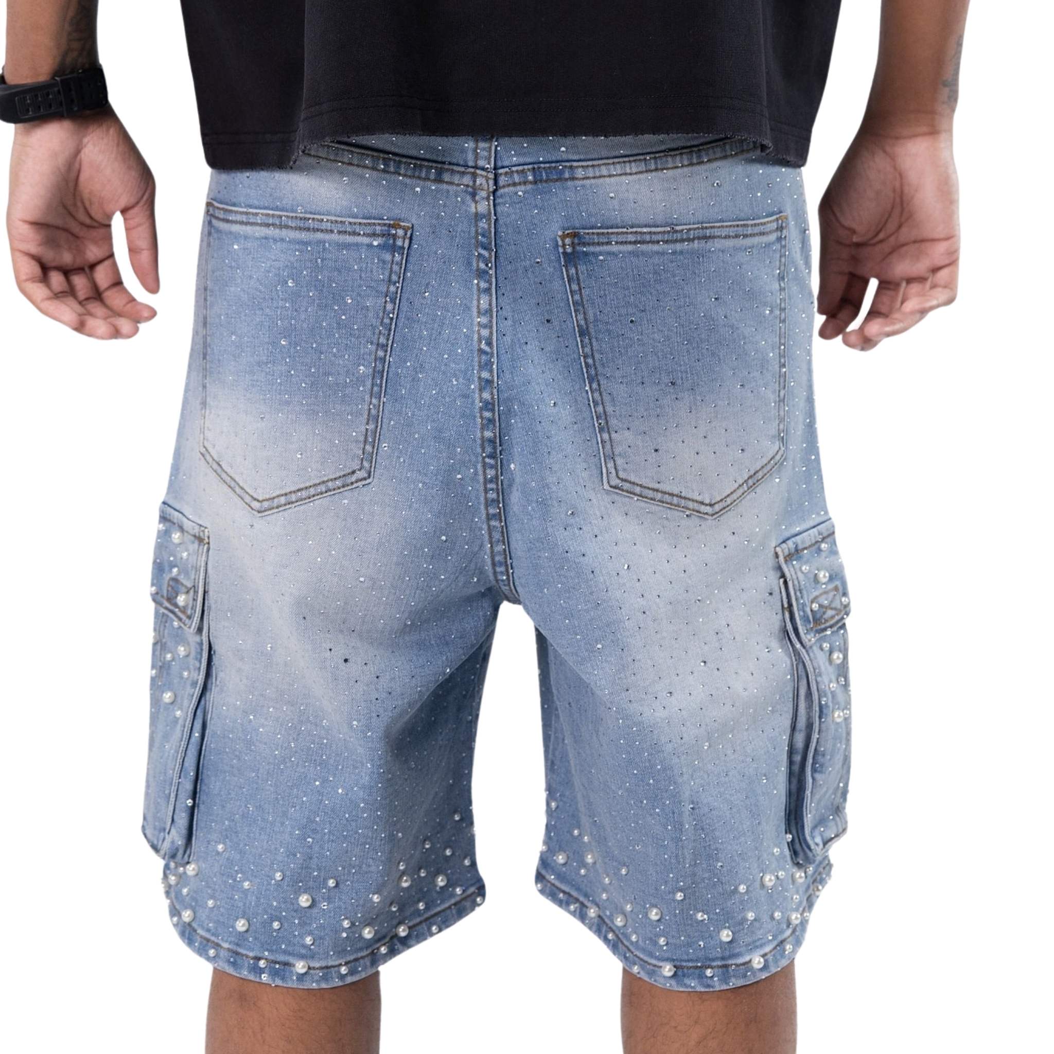 Pearl embellished denim cargo shorts with cargo pockets – back view