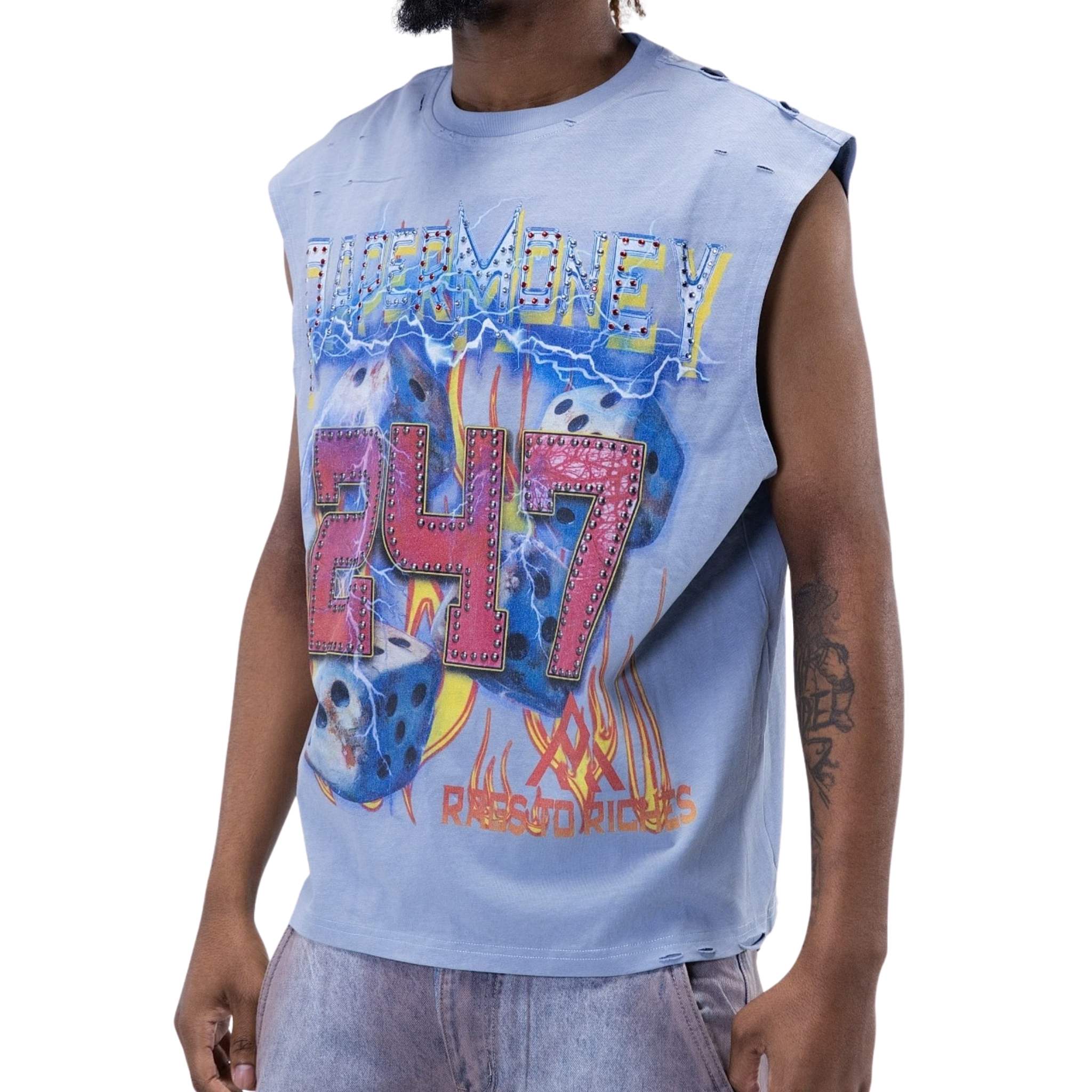 Men’s blue graphic cutoff tee with oversized fit