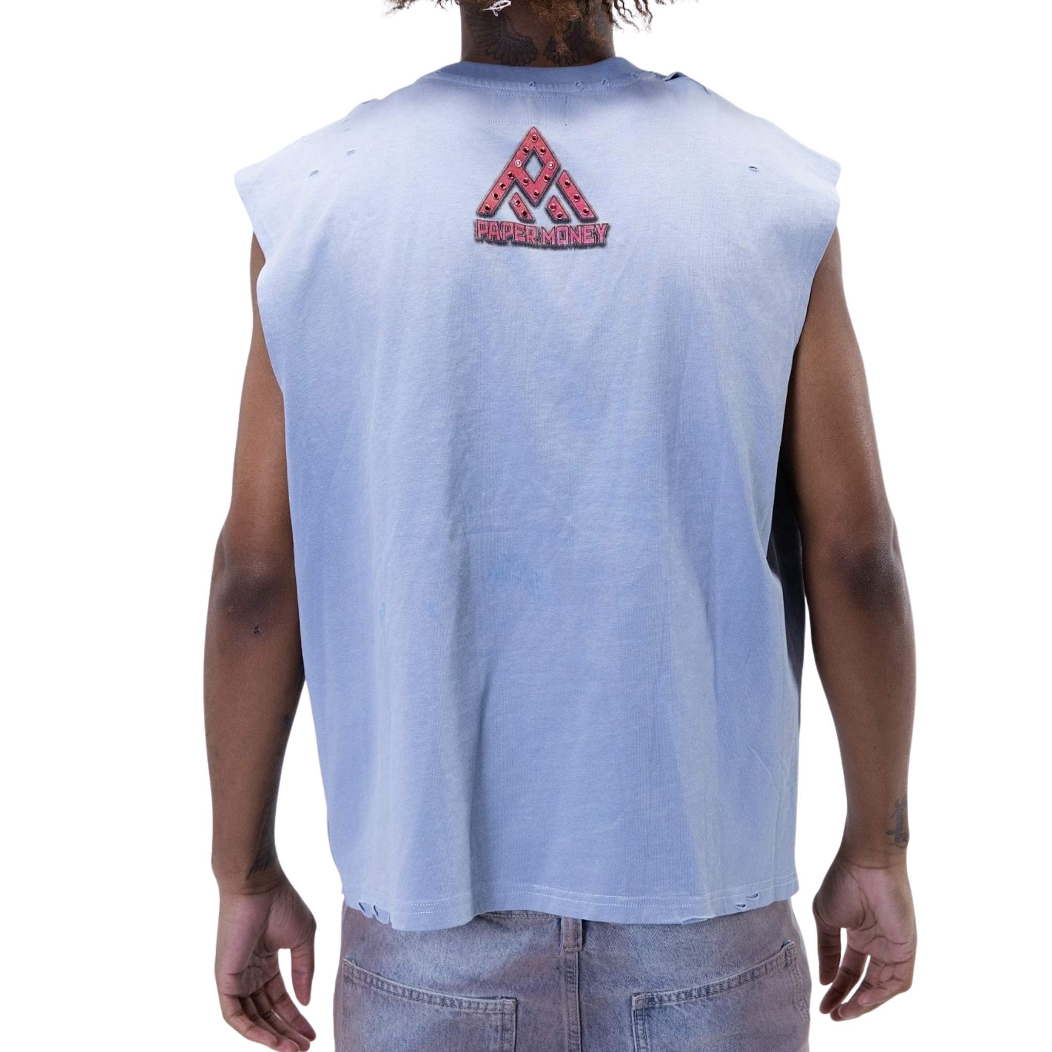 Blue sleeveless cutoff tee with Paper Money logo – back view Angle
