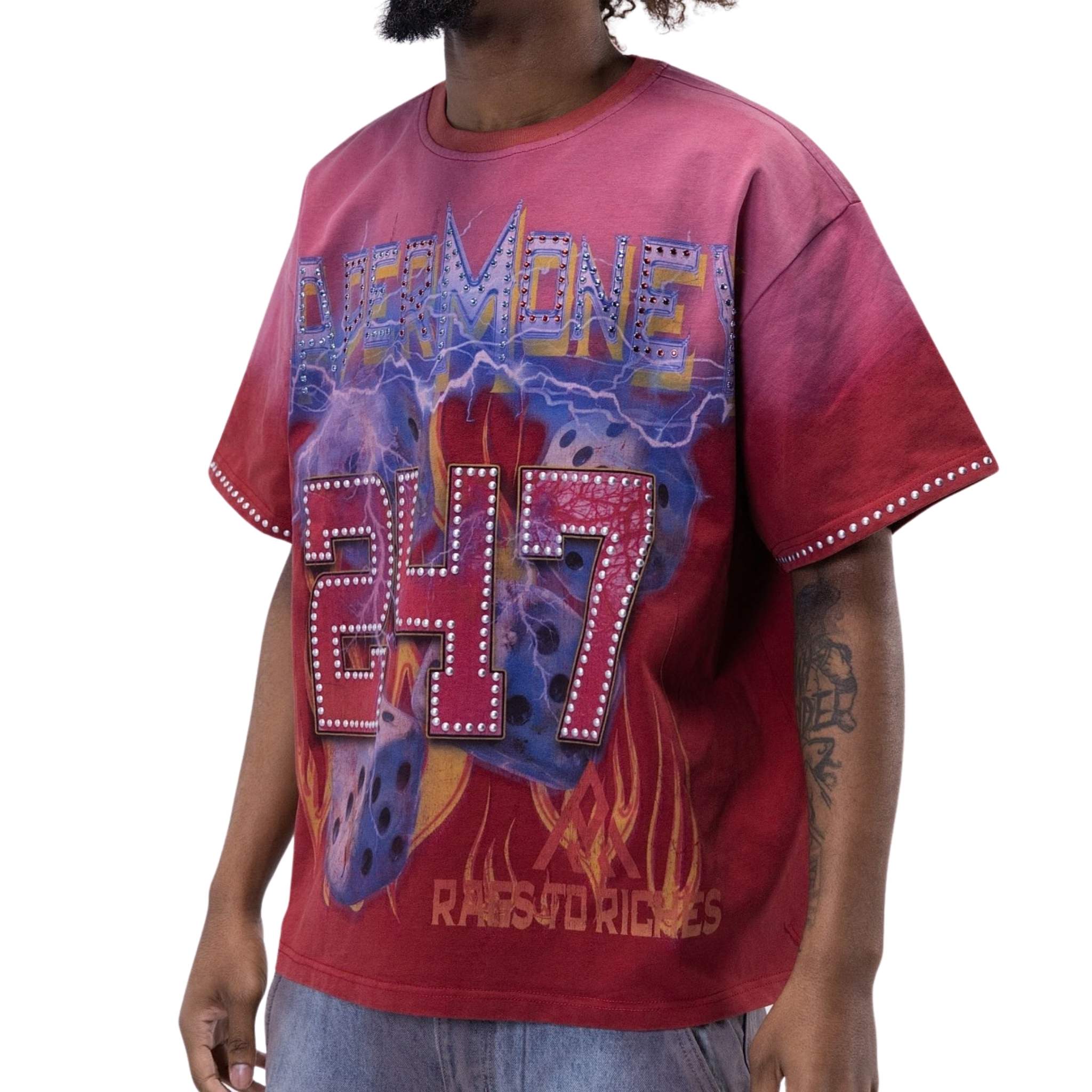Red vintage wash tee with Paper Money logo – back view