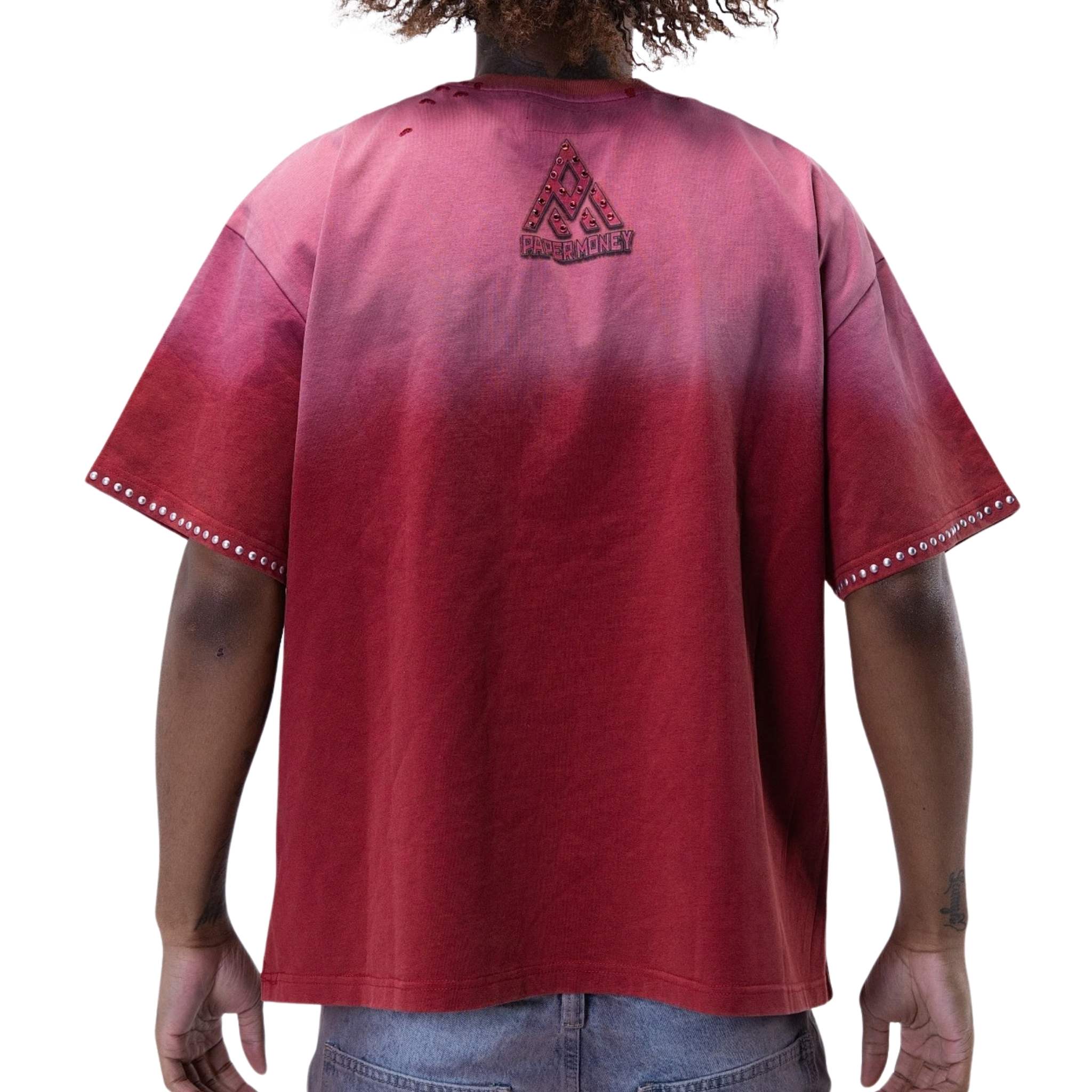 Men’s red graphic tee with oversized fit and studded design